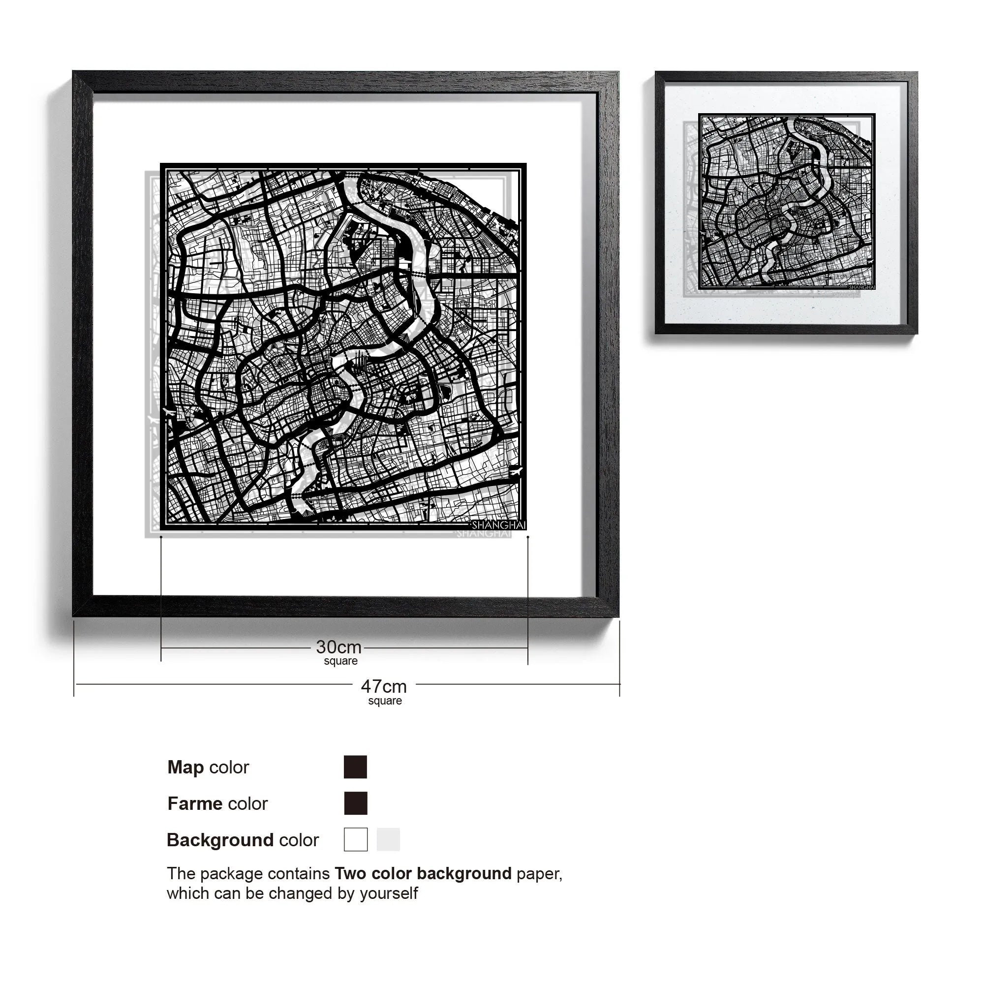 o3designstudio-Shanghai-Paper-cut-map-framed-18-inch-Black map Black frame- 45MF1002BB