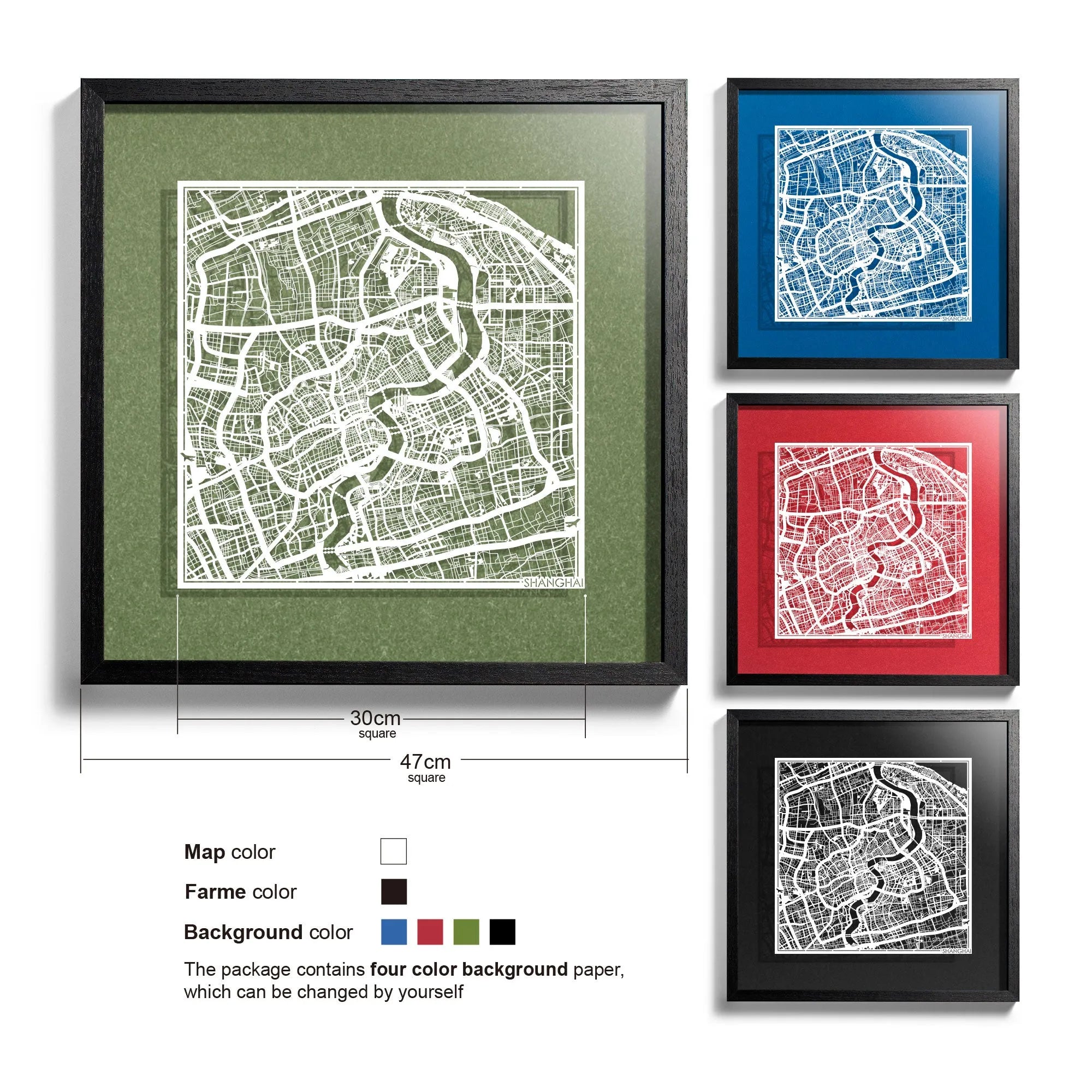 o3designstudio-Shanghai-Paper-cut-map-framed-18-inch-White map Black frame- 45MF1002BW