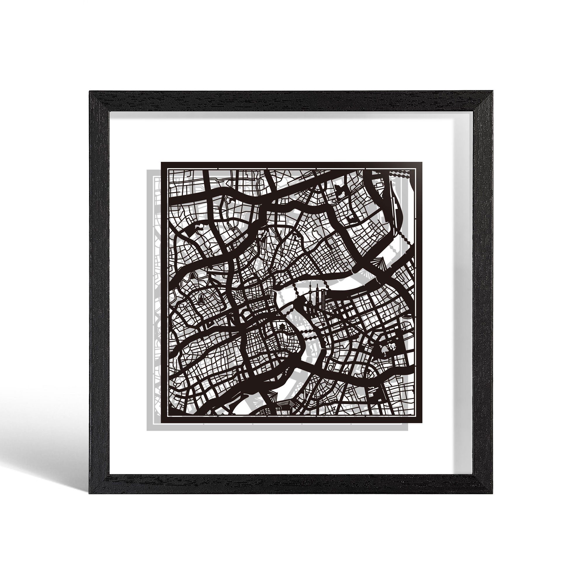o3designstudio Shanghai Paper cut map framed 9 inch Black map Black frame map art 22MF1002BB