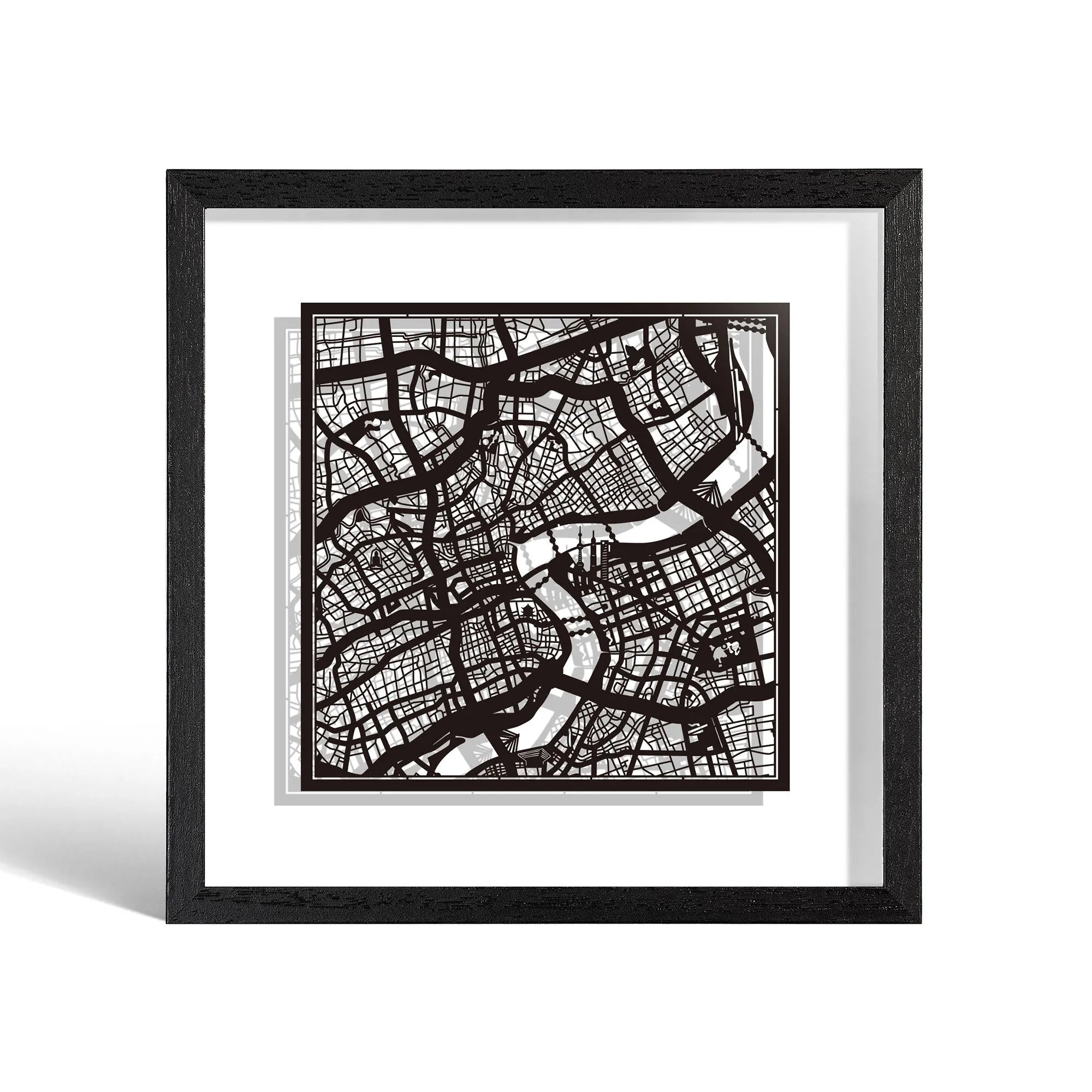 o3designstudio Shanghai Paper cut map framed 9 inch Black map Black frame map art 22MF1002BB