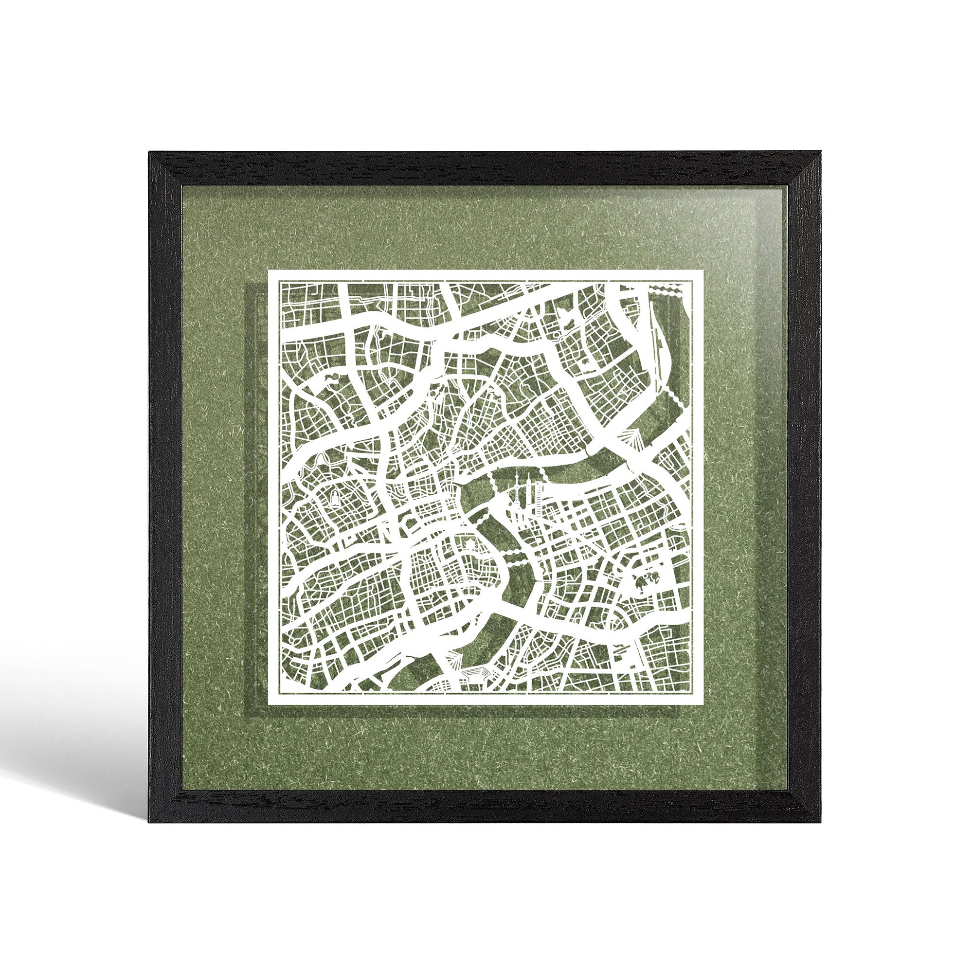 o3designstudio Shanghai Paper cut map framed 9 inch White map Black frame map art 22MF1002BW
