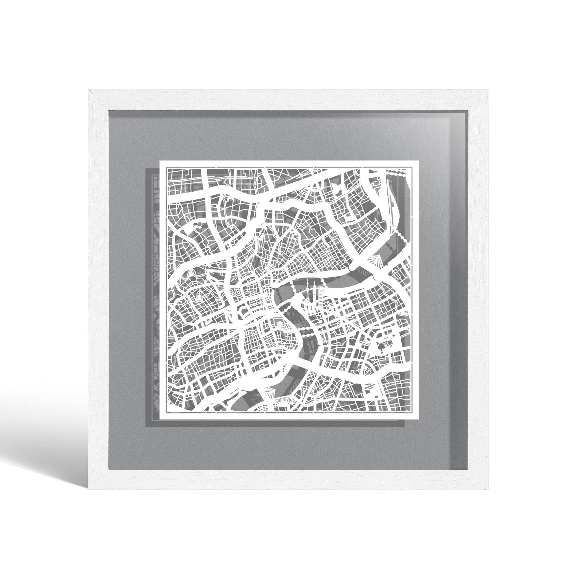 o3designstudio Shanghai Paper cut map framed 9 inch White map White frame map art 22MF1002WW