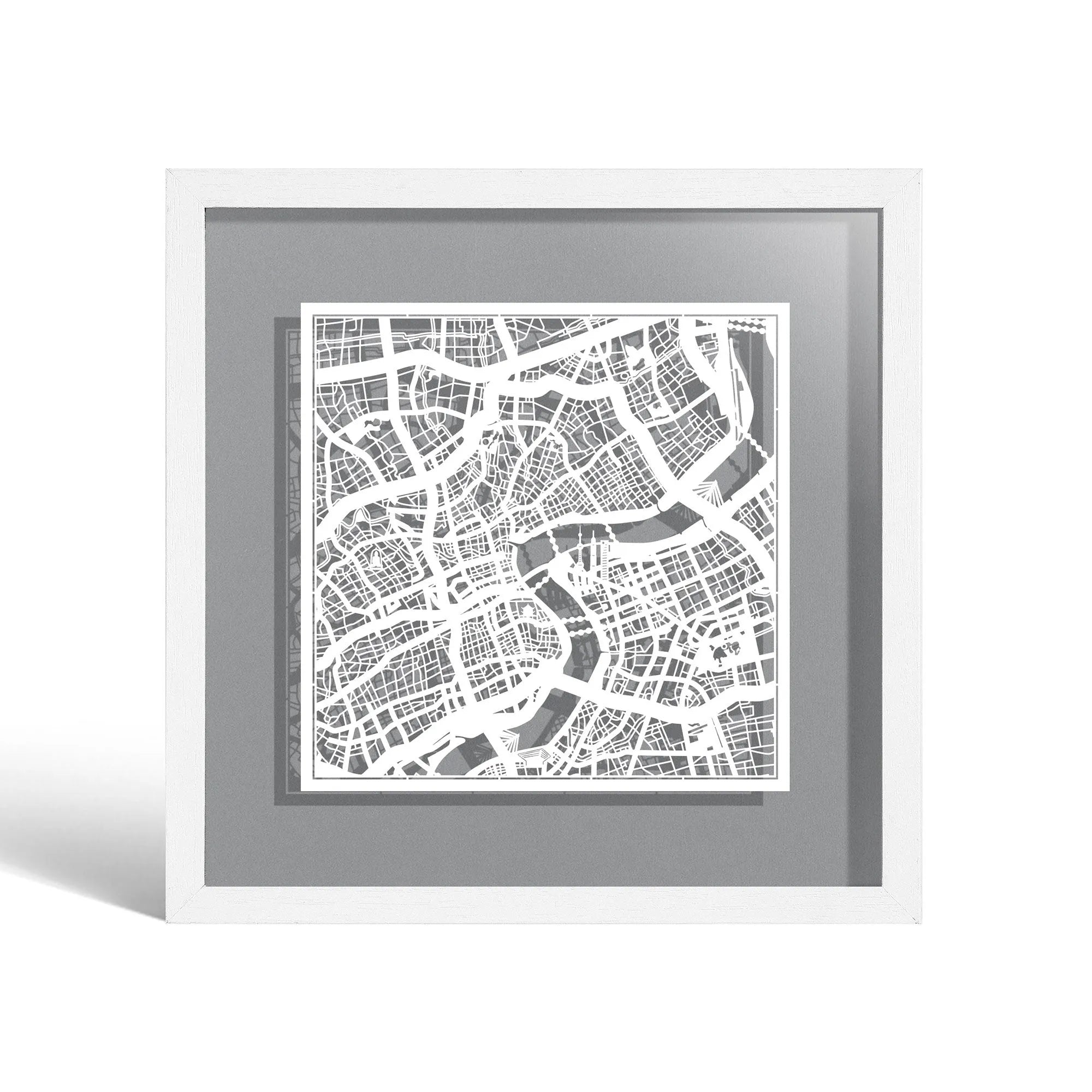 o3designstudio Shanghai Paper cut map framed 9 inch White map White frame map art 22MF1002WW