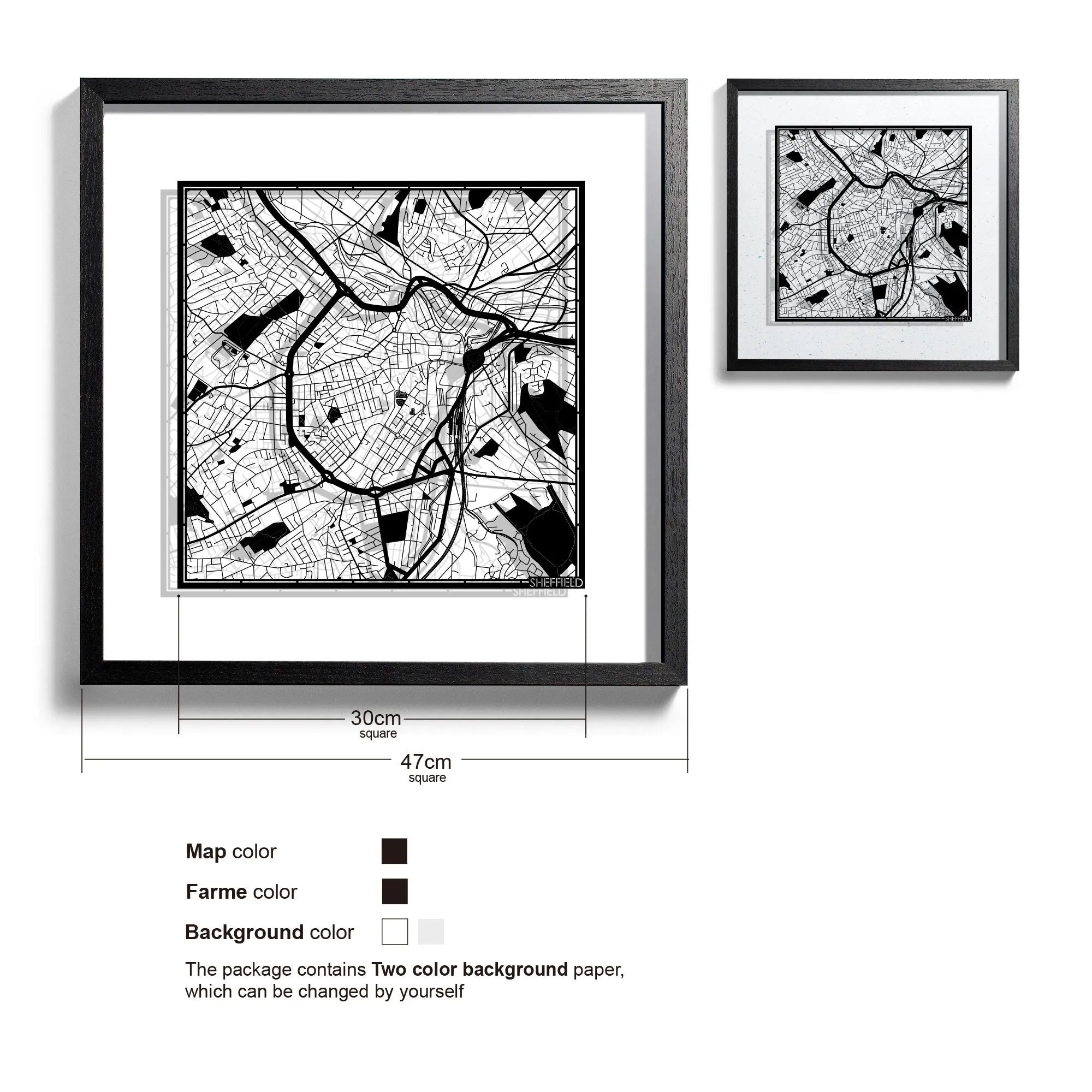 o3designstudio Sheffield-Paper-cut-map-framed-18-inch-45MF3053BB