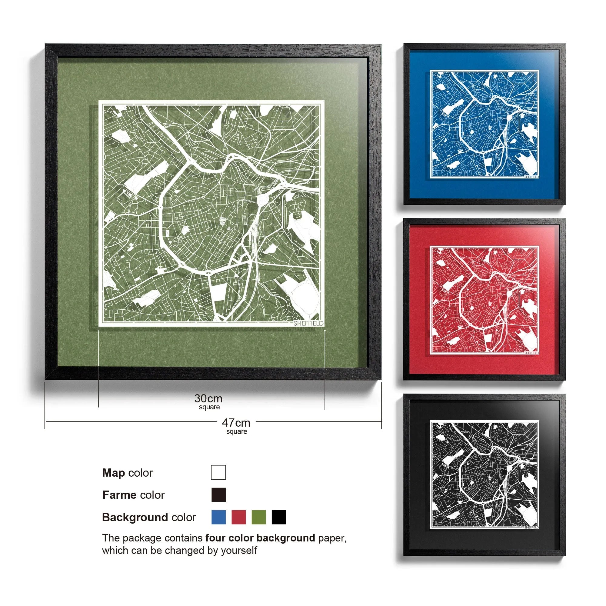 o3designstudio Sheffield-Paper-cut-map-framed-18-inch-45MF3053BW