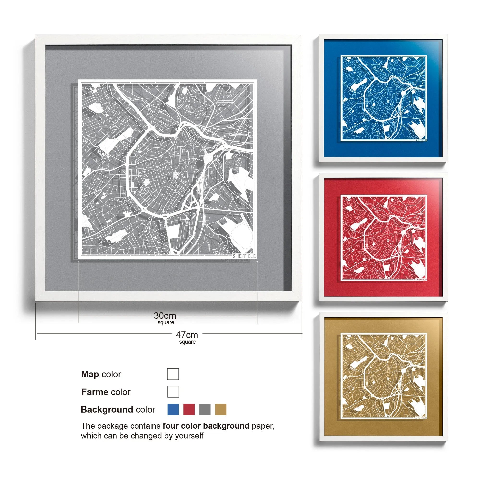 o3designstudio Sheffield-Paper-cut-map-framed-18-inch-45MF3053WW