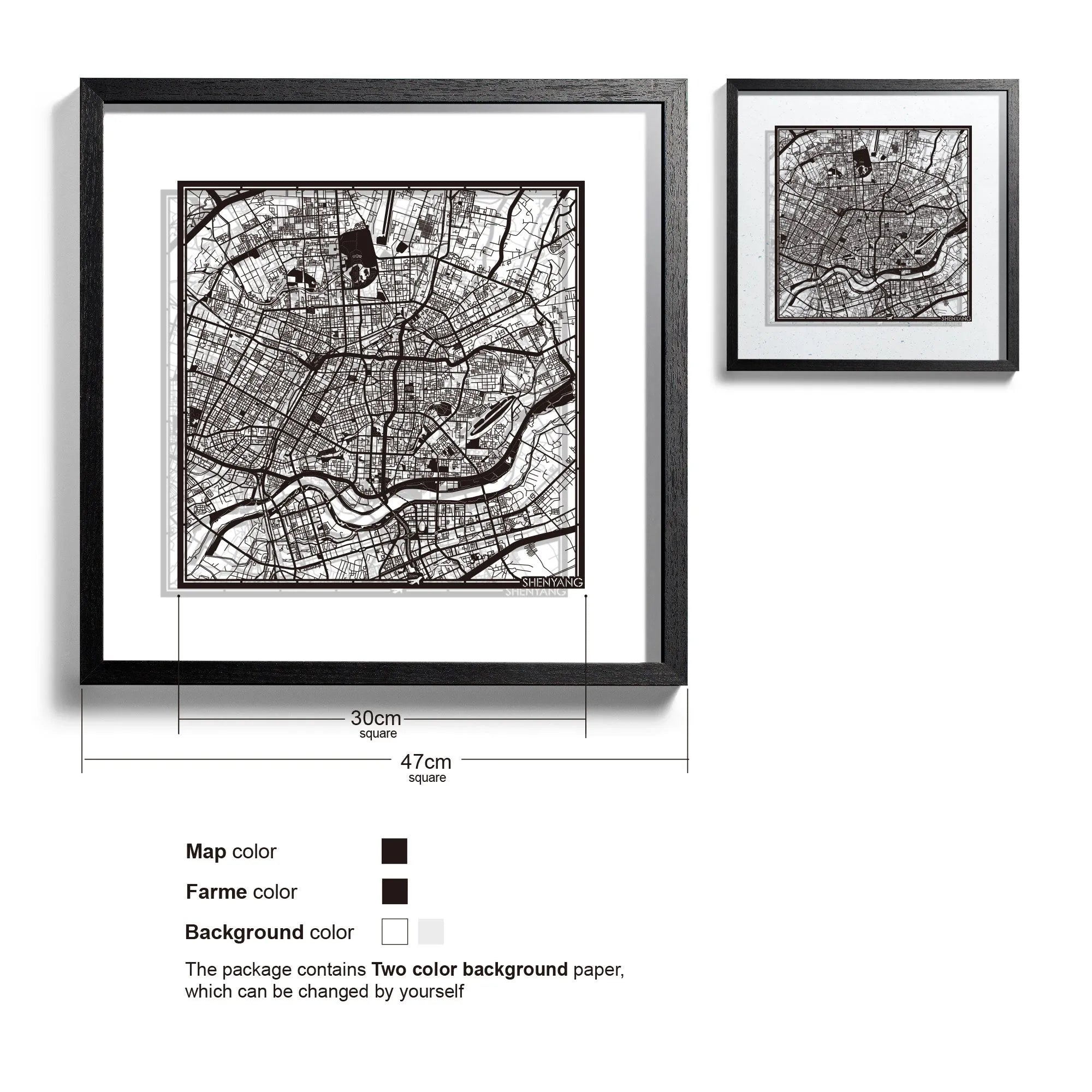 o3designstudio-Shenyang-Paper-cut-map-framed-18-inch-Black map Black frame- 45MF1044BB