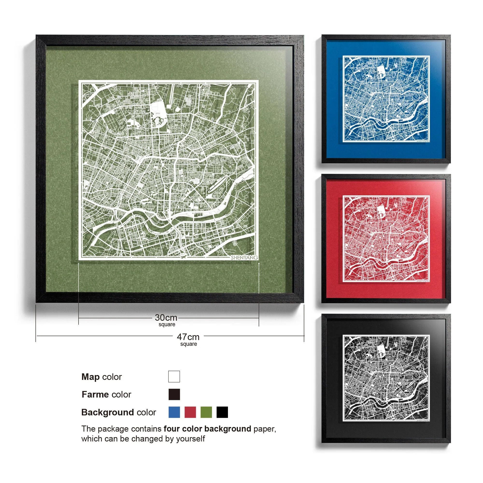 o3designstudio-Shenyang-Paper-cut-map-framed-18-inch-White map Black frame- 45MF1044BW