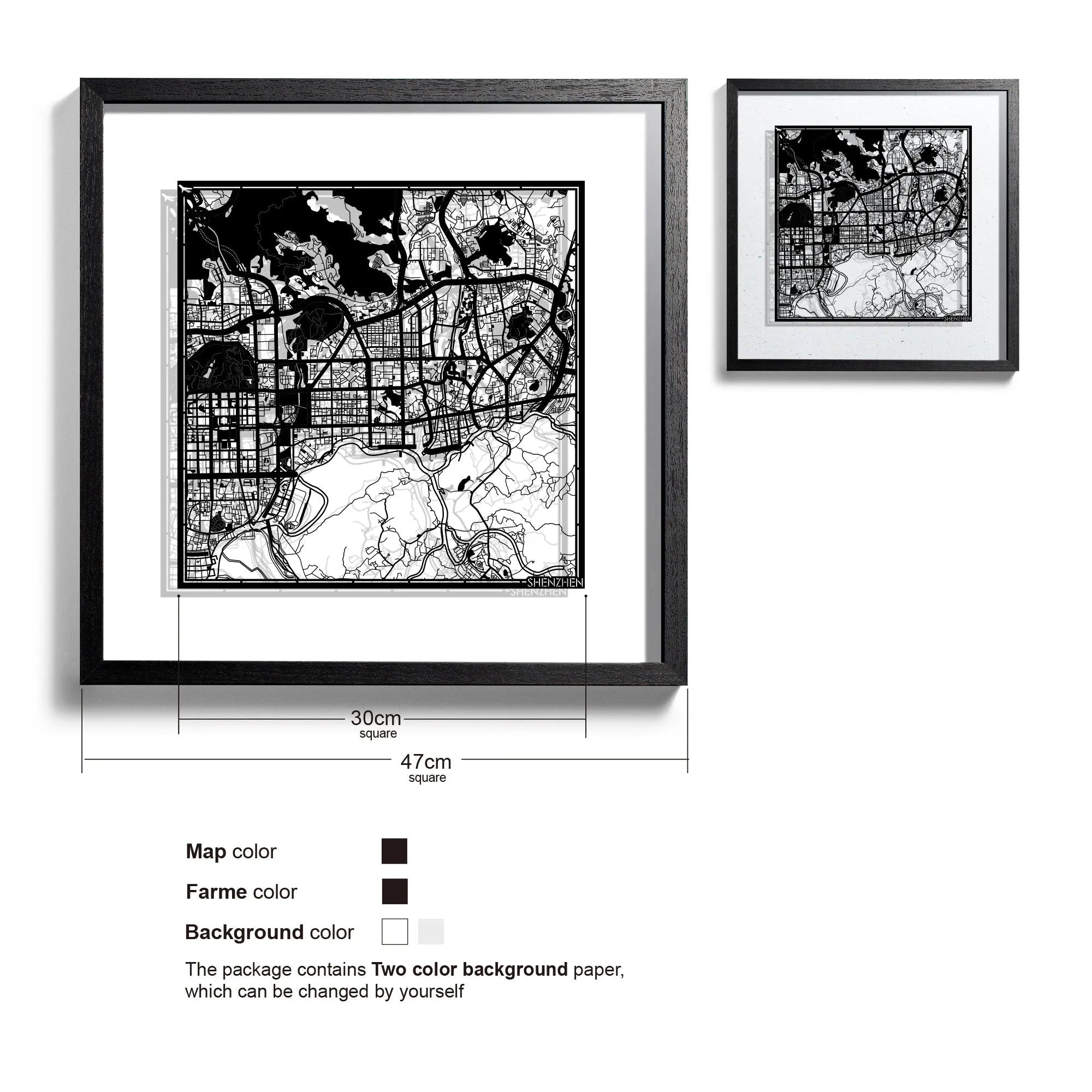 o3designstudio-Shenzhen-Paper-cut-map-framed-18-inch-Black map Black frame- 45MF1037BB