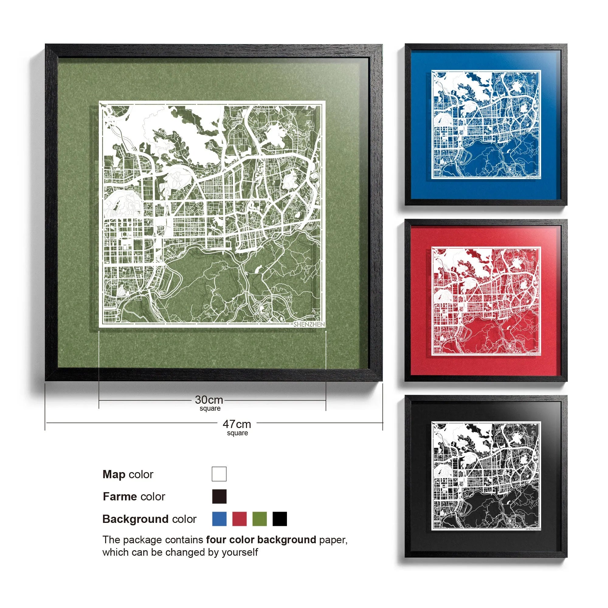 o3designstudio-Shenzhen-Paper-cut-map-framed-18-inch-White map Black frame- 45MF1037BW