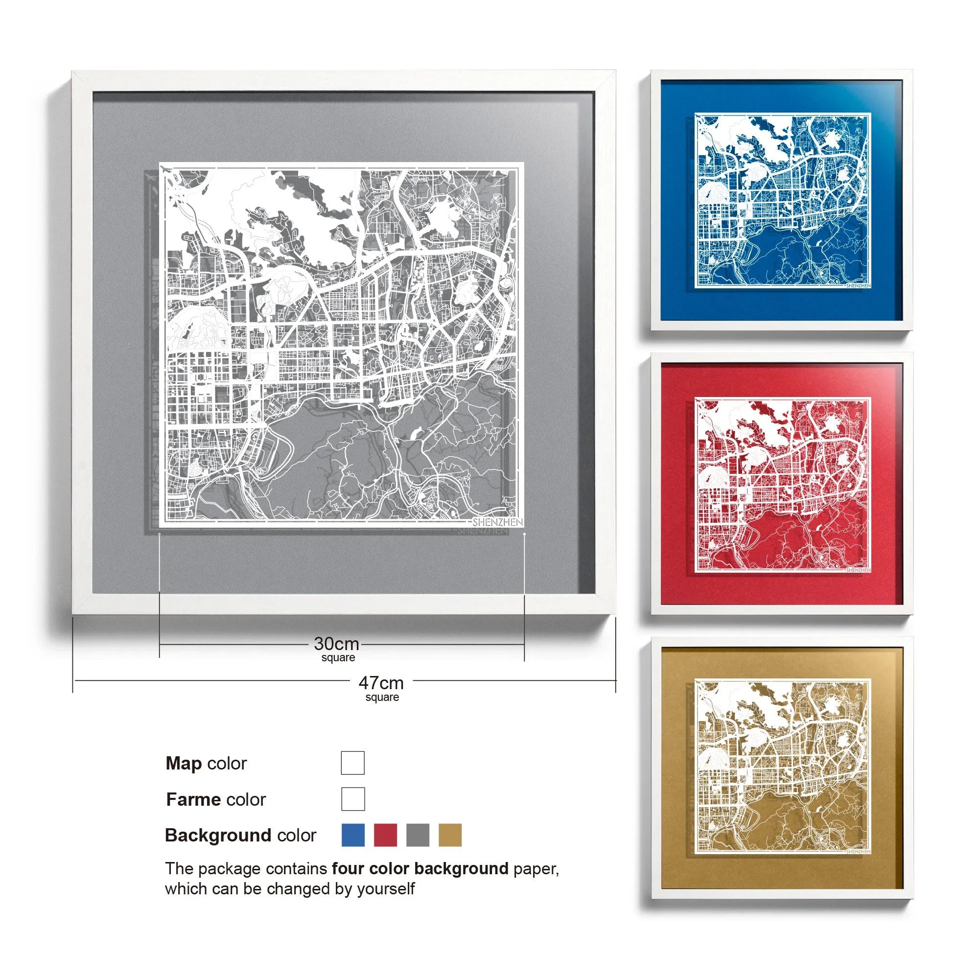 o3designstudio-Shenzhen-Paper-cut-map-framed-18-inch-White map White frame- 45MF1037WW