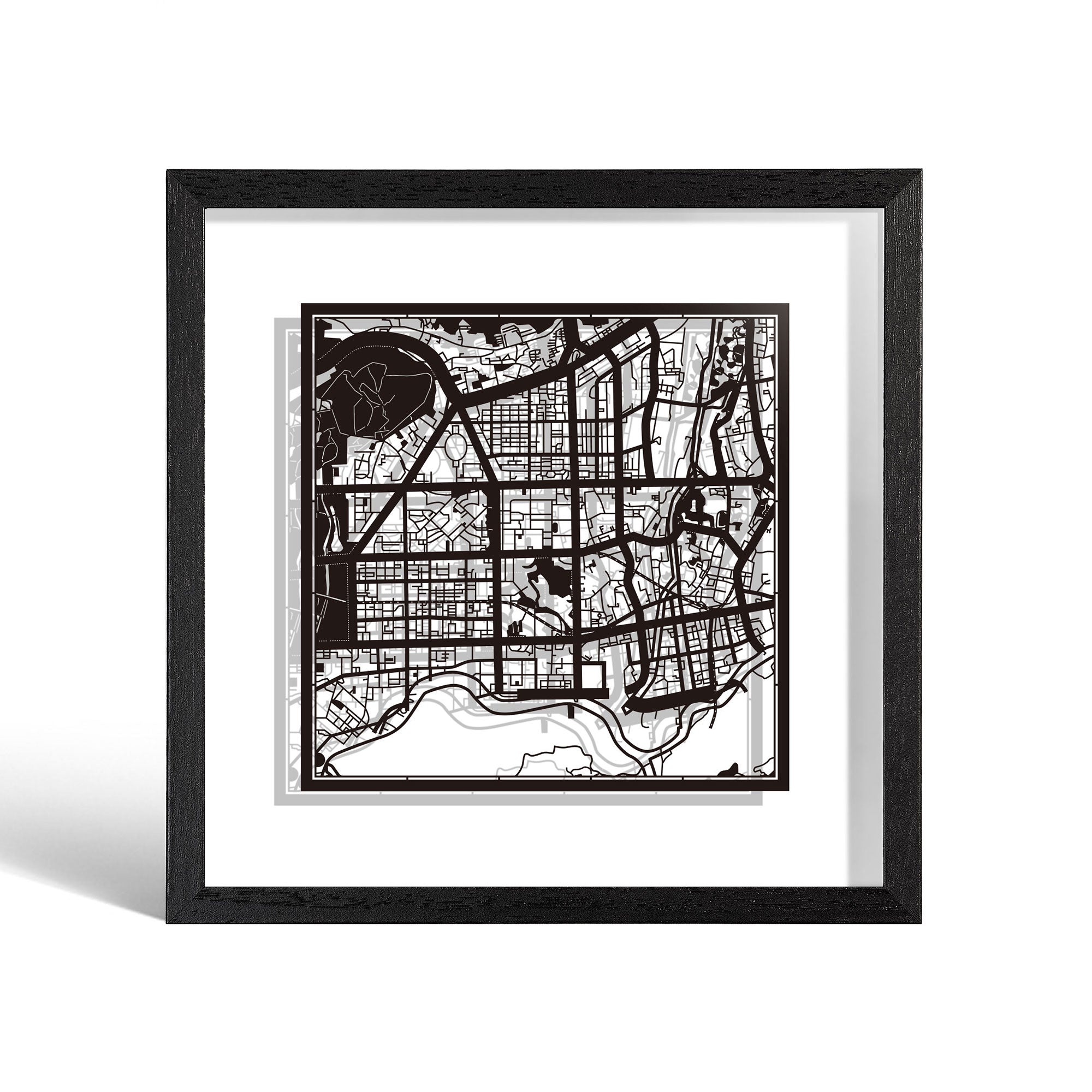 o3designstudio Shenzhen Paper cut map framed 9 inch Black map Black frame map art 22MF1037BB