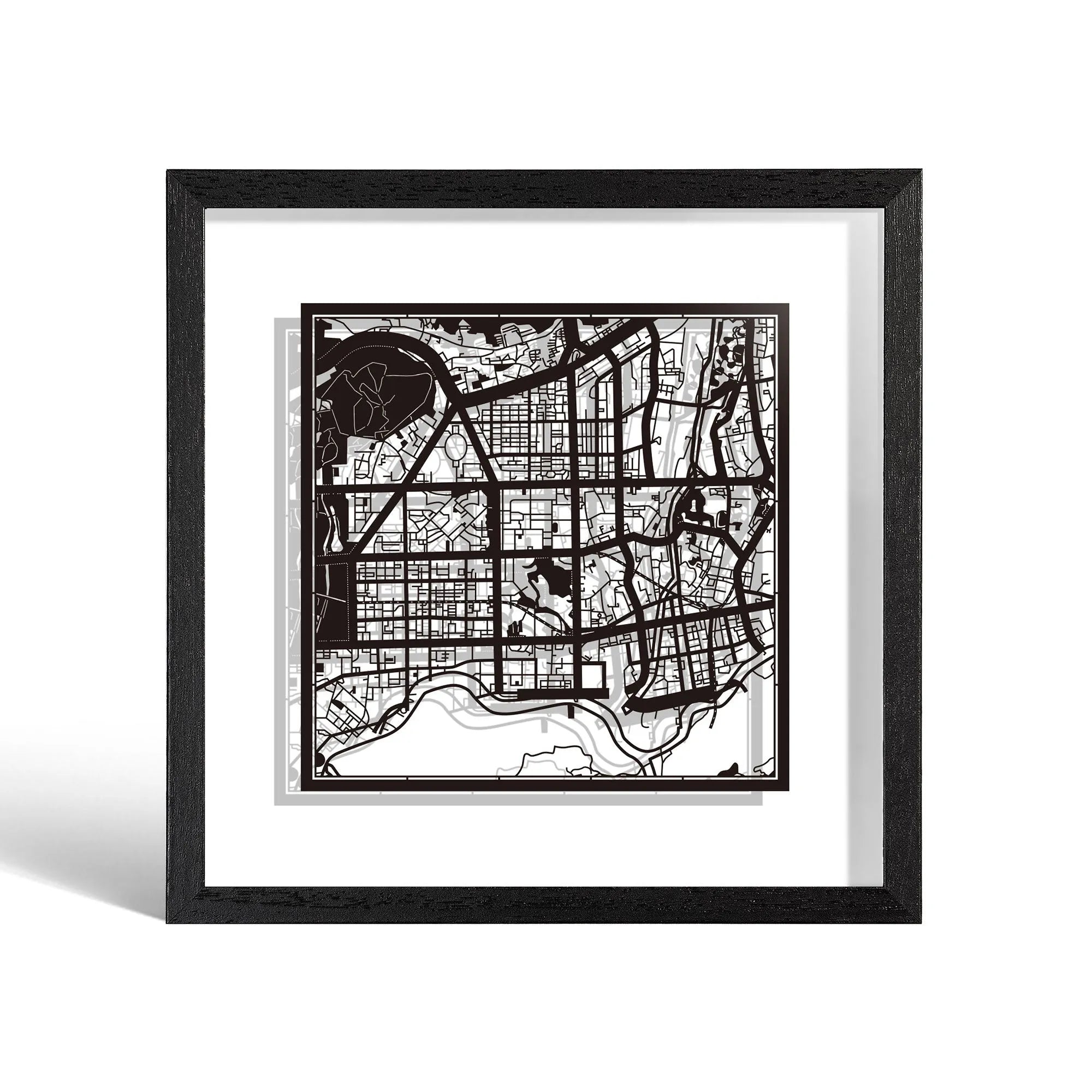 o3designstudio Shenzhen Paper cut map framed 9 inch Black map Black frame map art 22MF1037BB