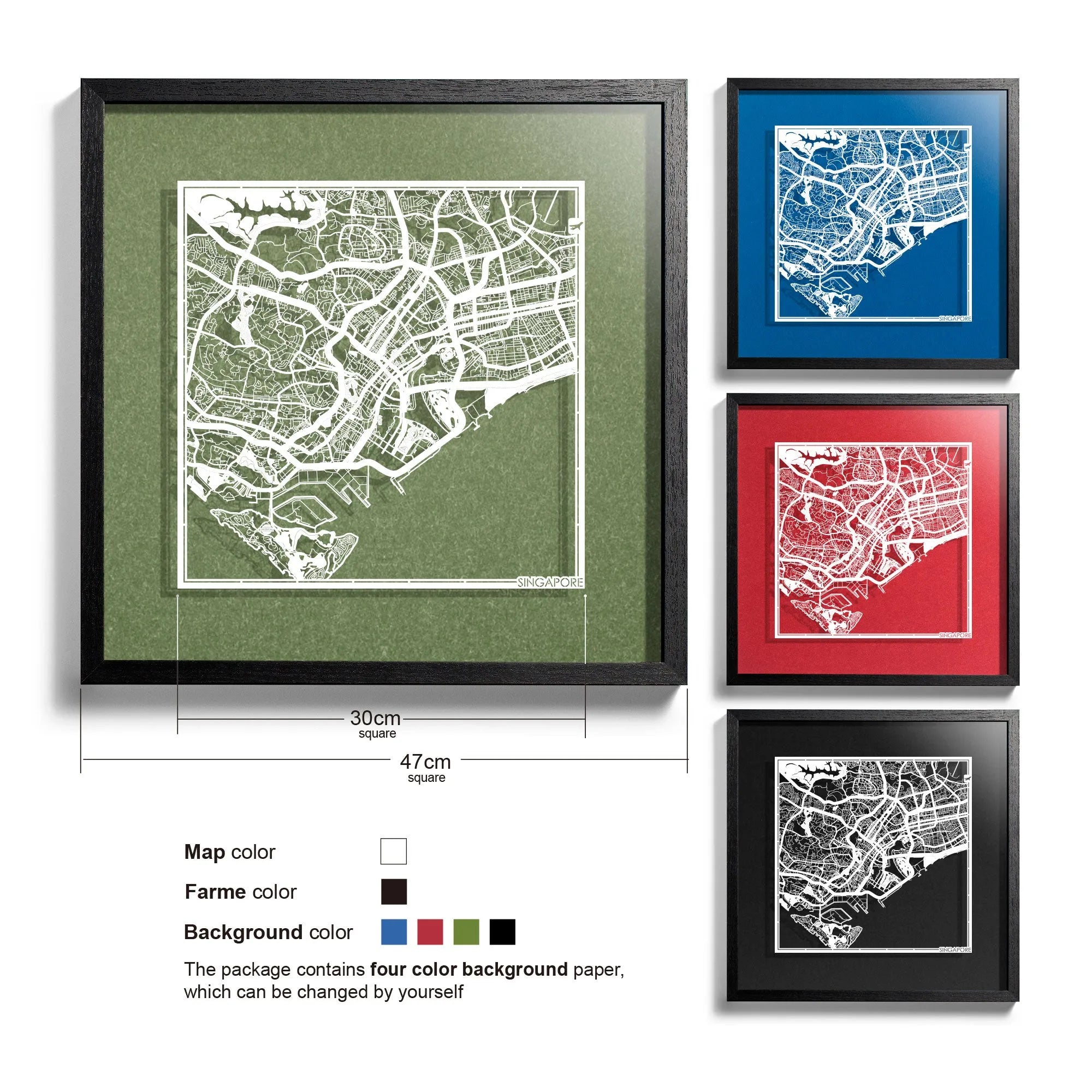 o3designstudio-Singapore-Paper-cut-map-framed-18-inch-White map / Black frame-45MF1011BW