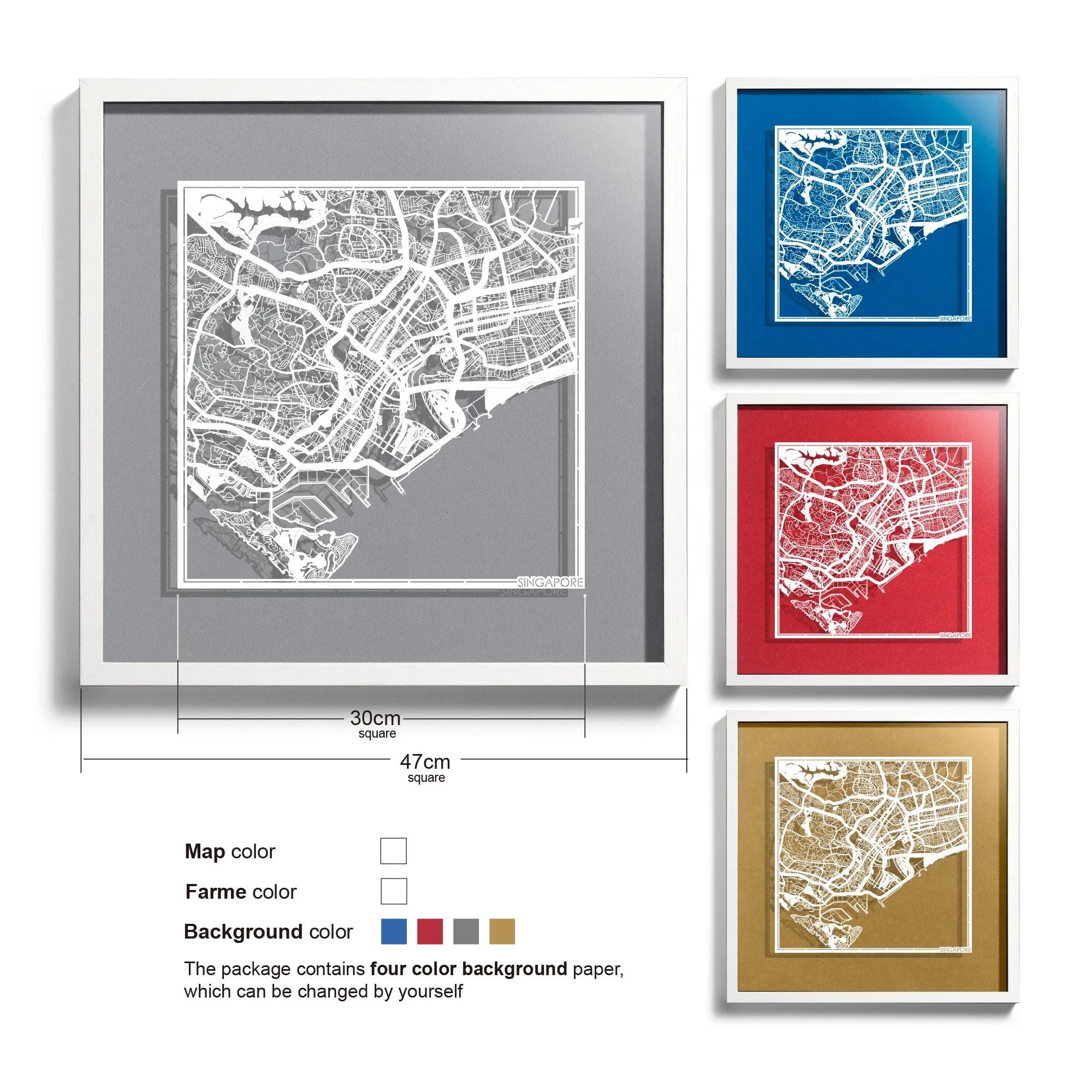 o3designstudio-Singapore-Paper-cut-map-framed-18-inch-White map / White frame-45MF1011WW