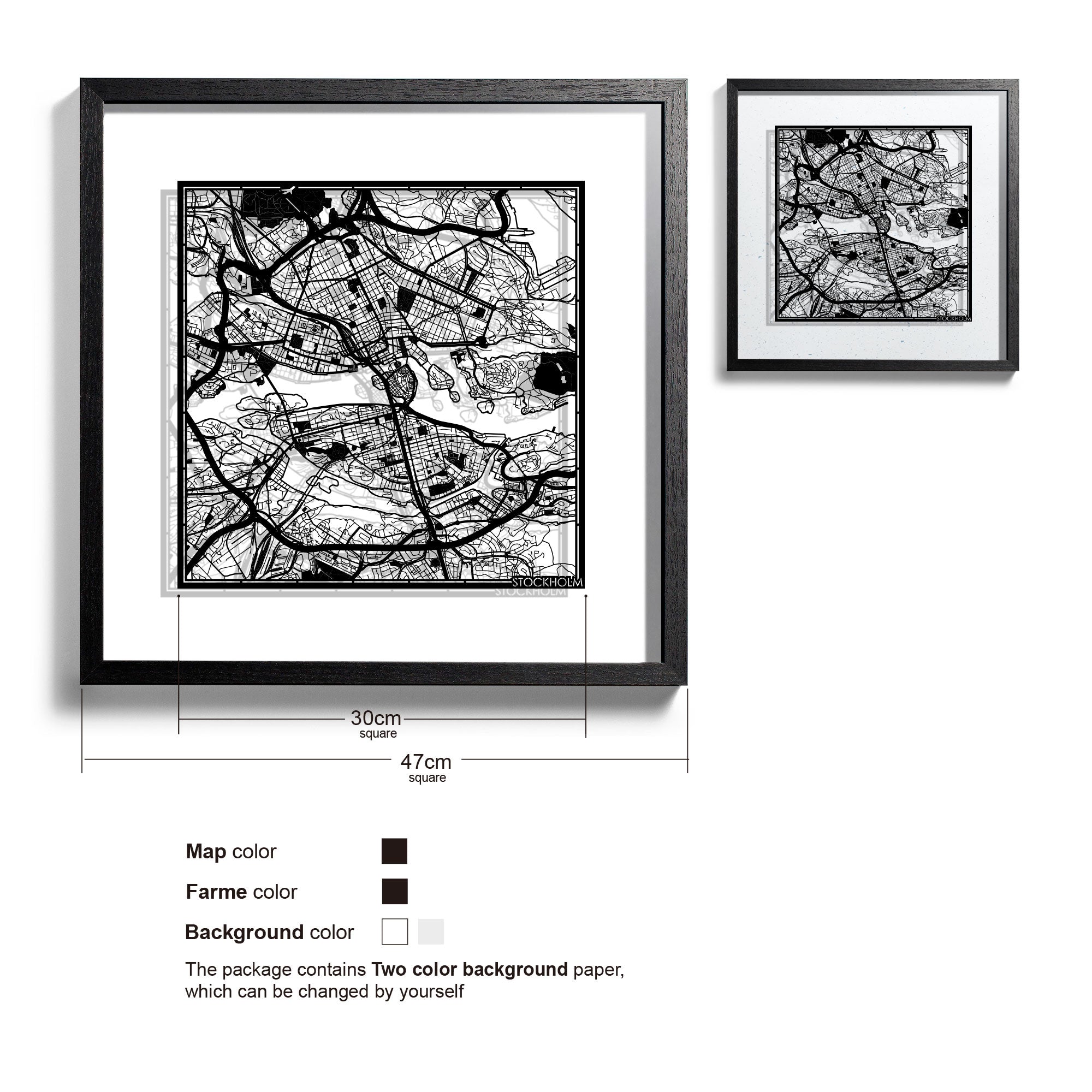 o3designstudio-Stockholm-Paper-cut-map-framed-18-inch-Black map Black frame-45MF3018BB