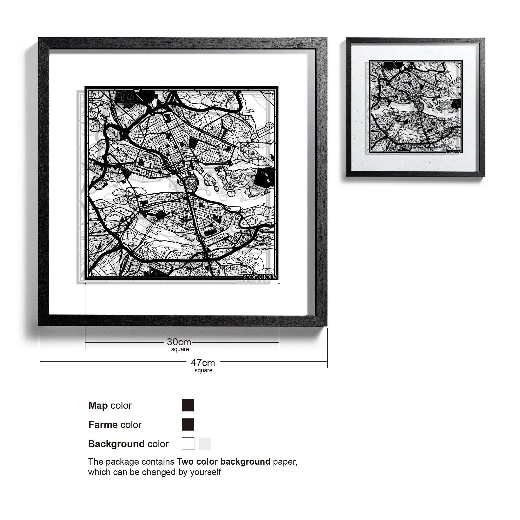 o3designstudio-Stockholm-Paper-cut-map-framed-18-inch-Black map Black frame-45MF3018BB