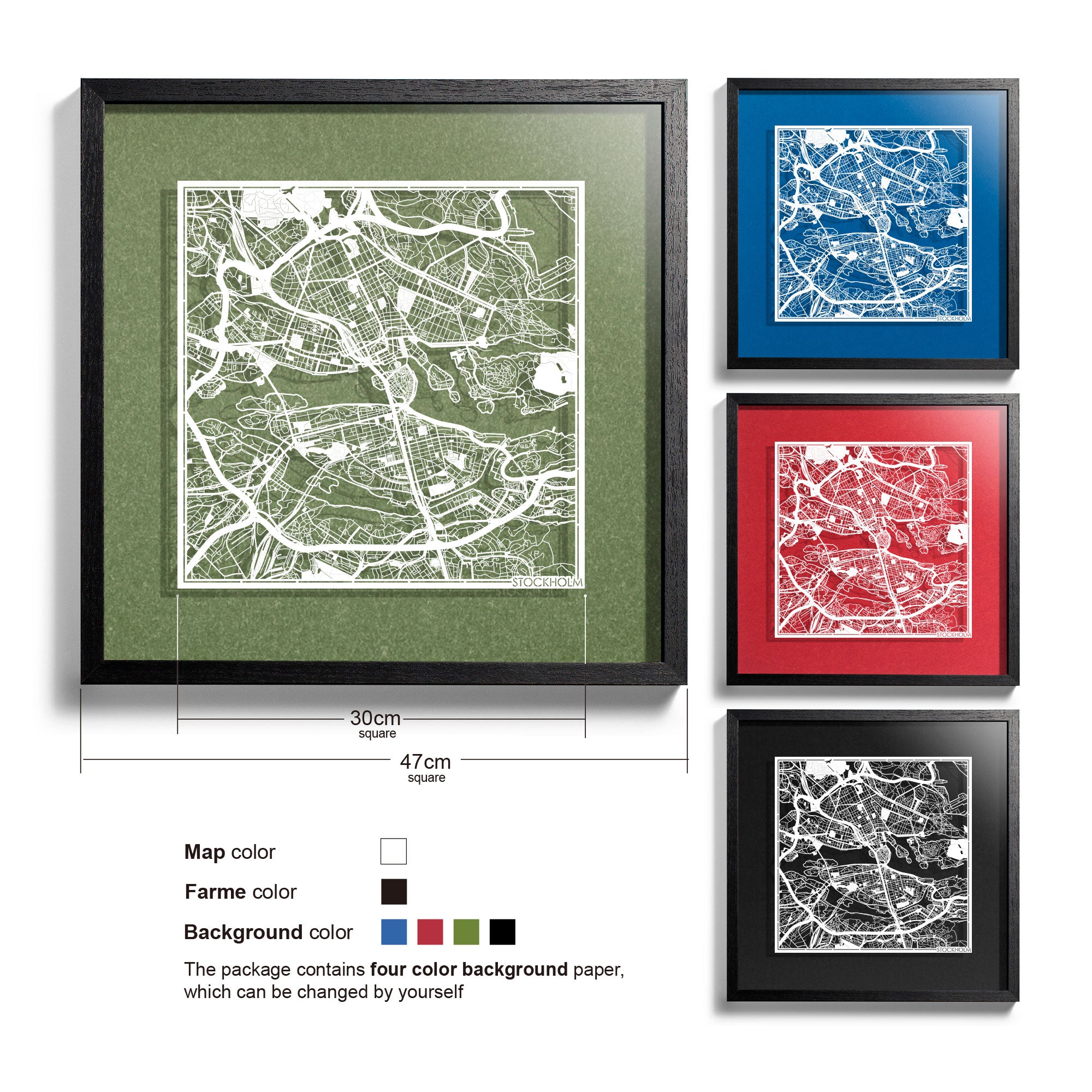 o3designstudio-Stockholm-Paper-cut-map-framed-18-inch-White map Black frame-45MF3018BW
