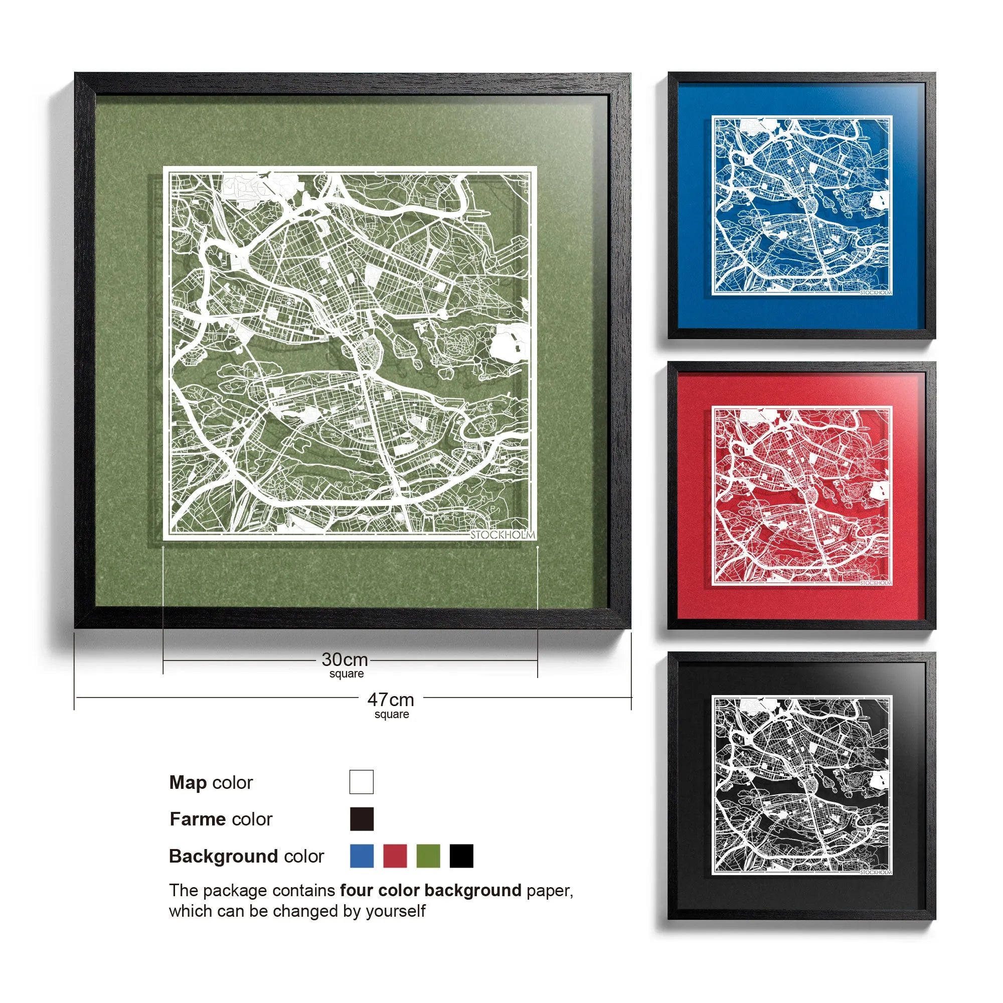 o3designstudio-Stockholm-Paper-cut-map-framed-18-inch-White map Black frame-45MF3018BW
