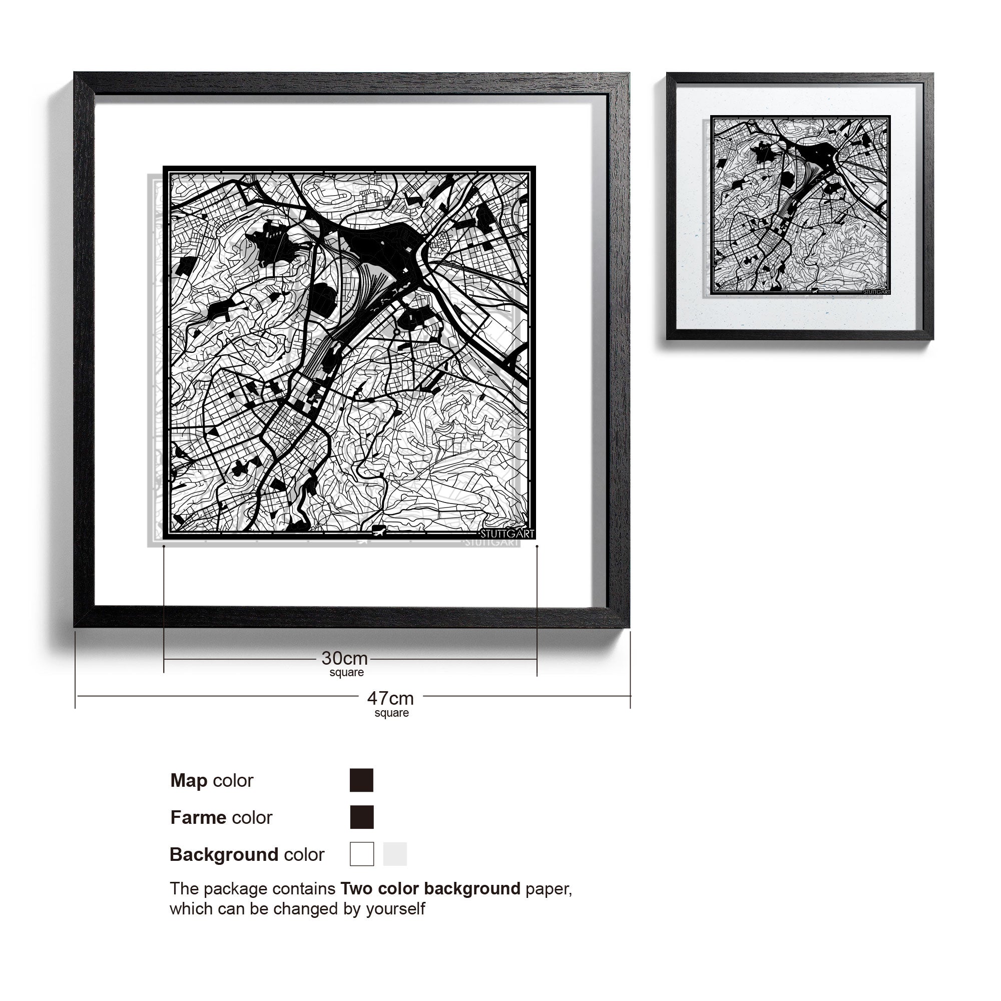 o3designstudio-Stuttgart-Paper-cut-map-framed-18-inch-Black map Black frame-45MF3026BB