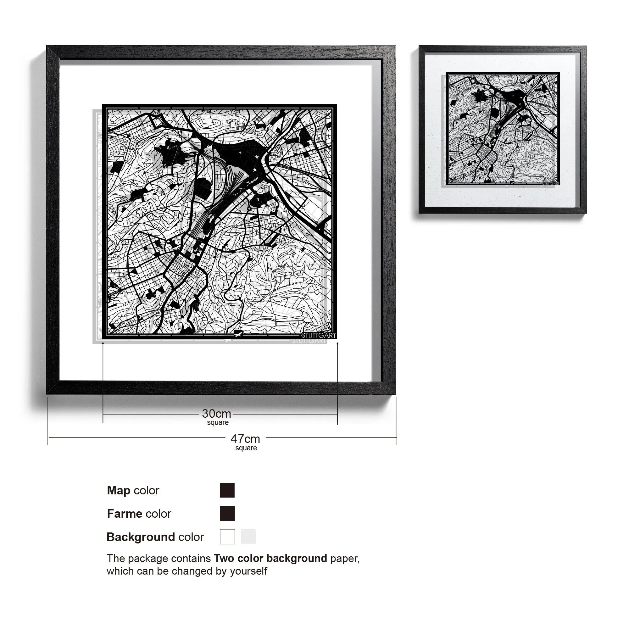 o3designstudio-Stuttgart-Paper-cut-map-framed-18-inch-Black map Black frame-45MF3026BB