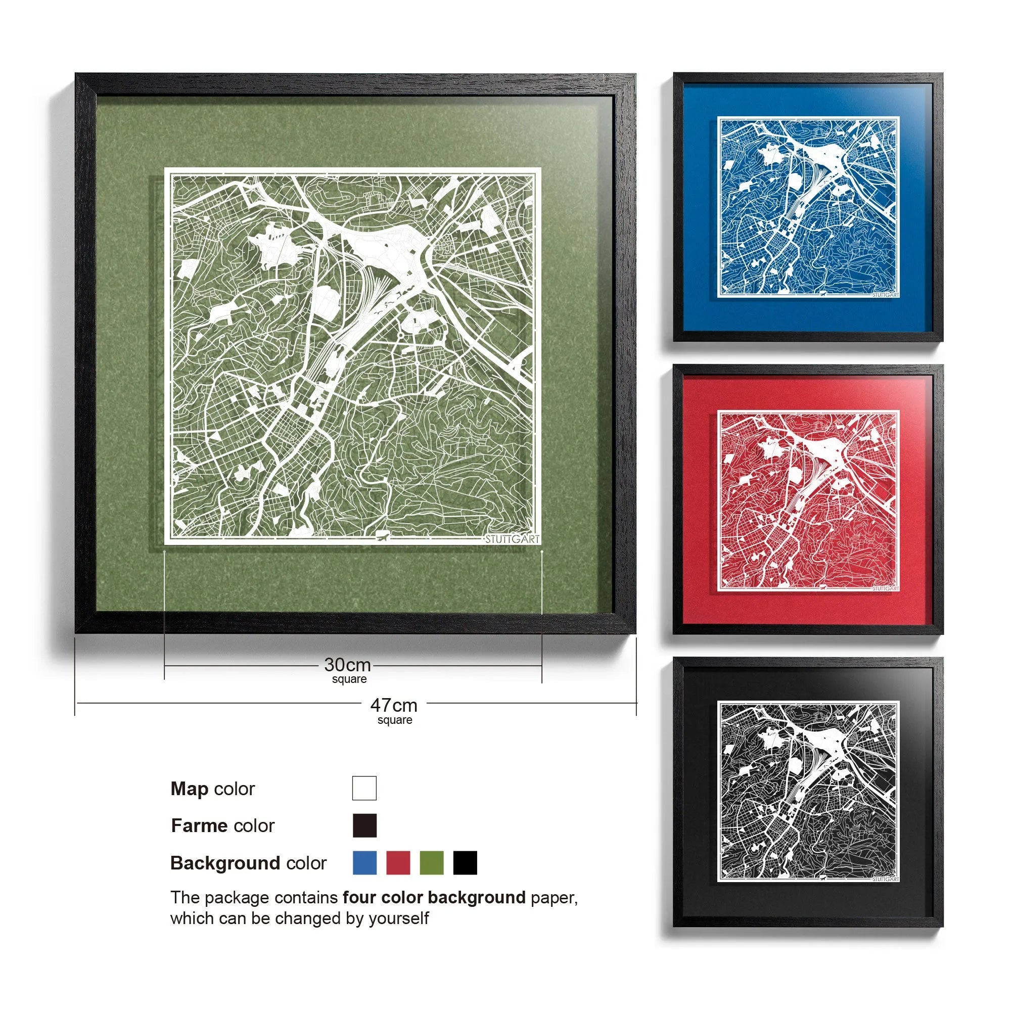 o3designstudio-Stuttgart-Paper-cut-map-framed-18-inch-White map Black frame-45MF3026BW