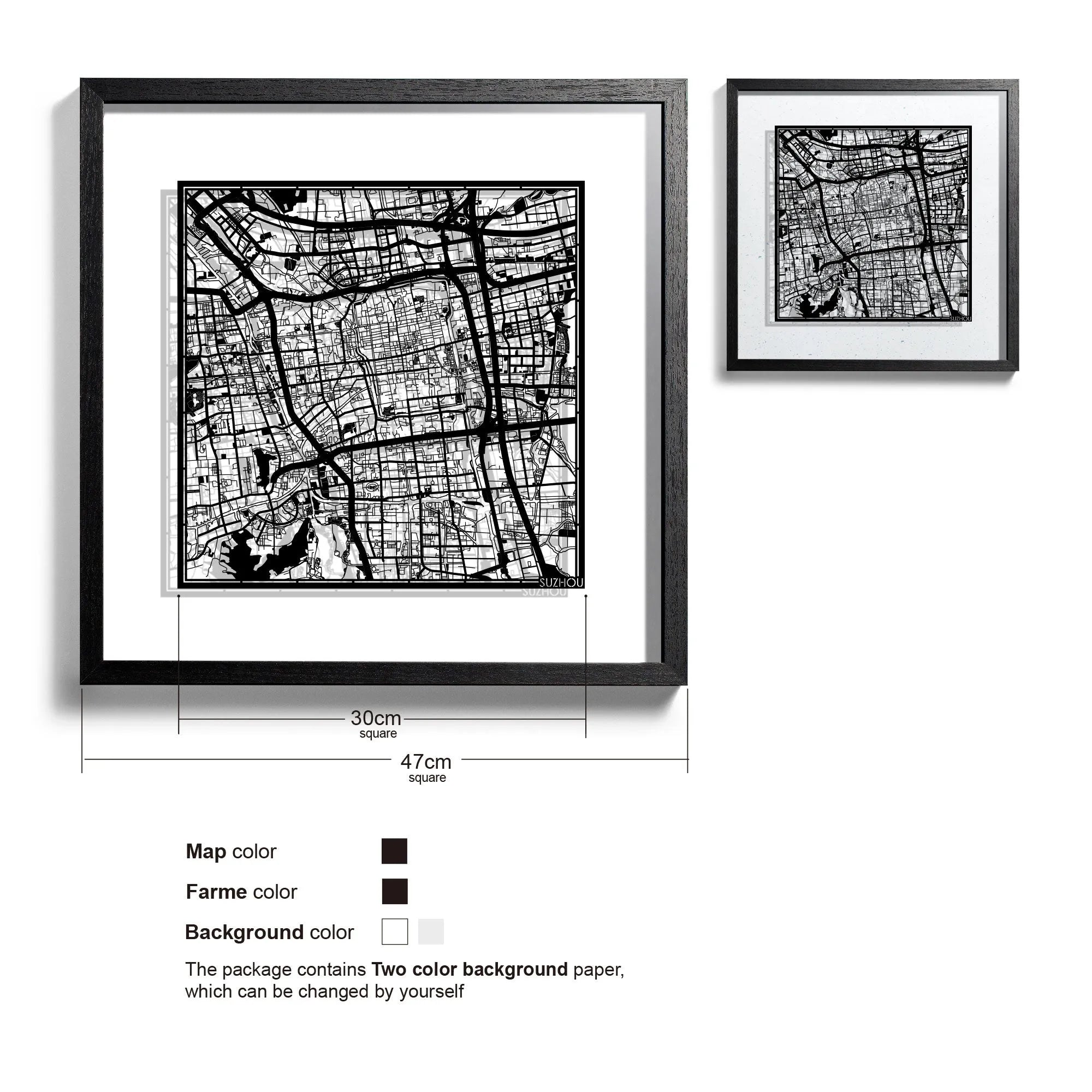 o3designstudio-Suzhou-Paper-cut-map-framed-18-inch-Black map Black frame- 45MF1021BB