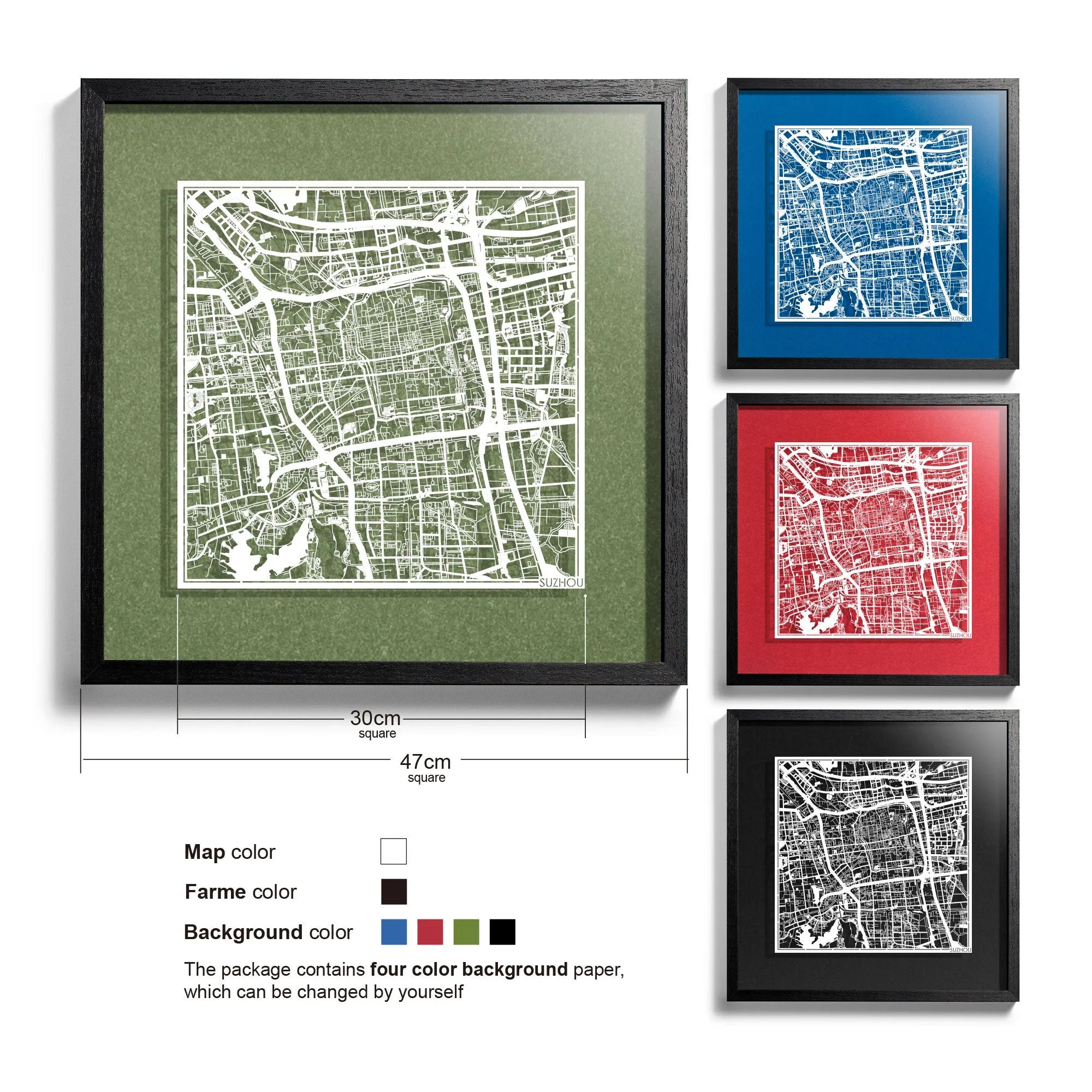 o3designstudio-Suzhou-Paper-cut-map-framed-18-inch-White map Black frame- 45MF1021BW