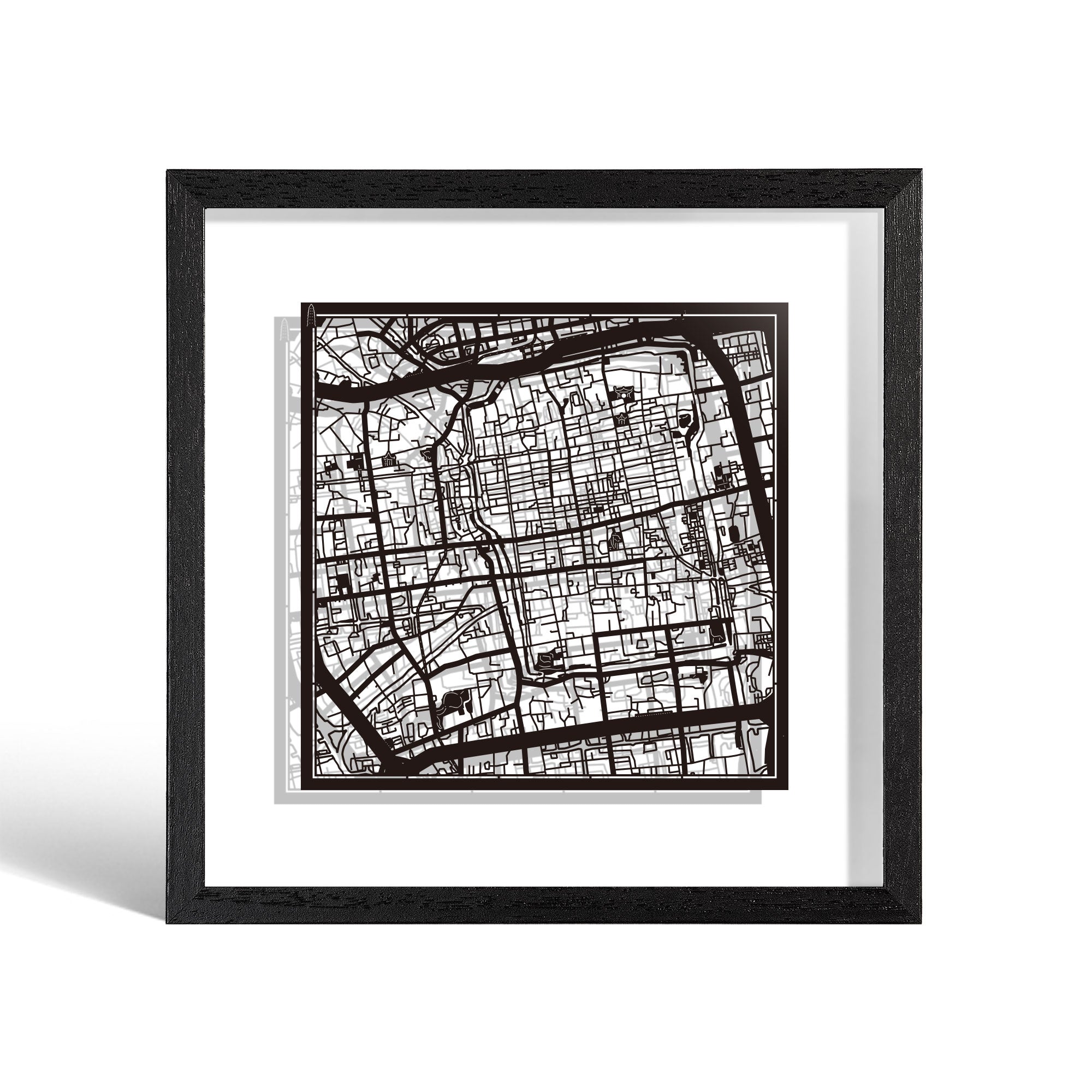 o3designstudio Suzhou Paper cut map framed 9 inch Black map Black frame map art 22MF1021BB