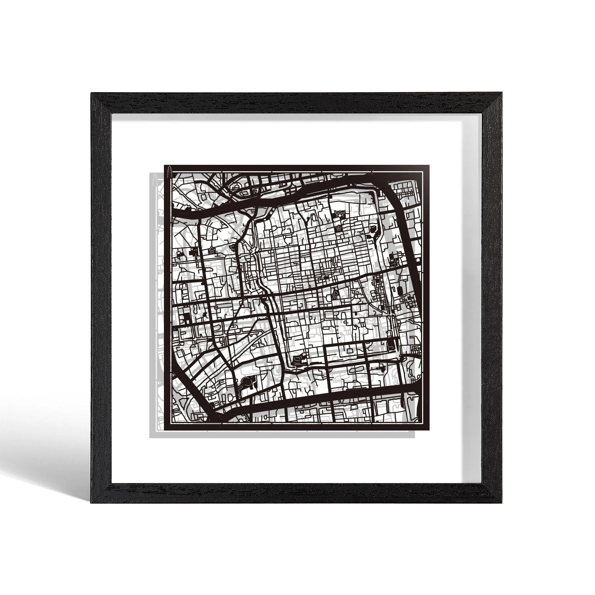 o3designstudio Suzhou Paper cut map framed 9 inch Black map Black frame map art 22MF1021BB