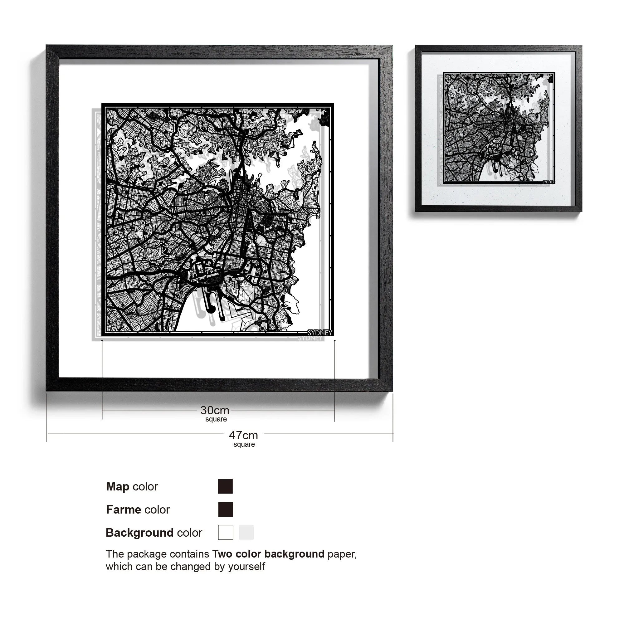 o3designstudio-Sydney-Paper-cut-map-framed-18-inch-Black map / Black frame-45MF1004BB