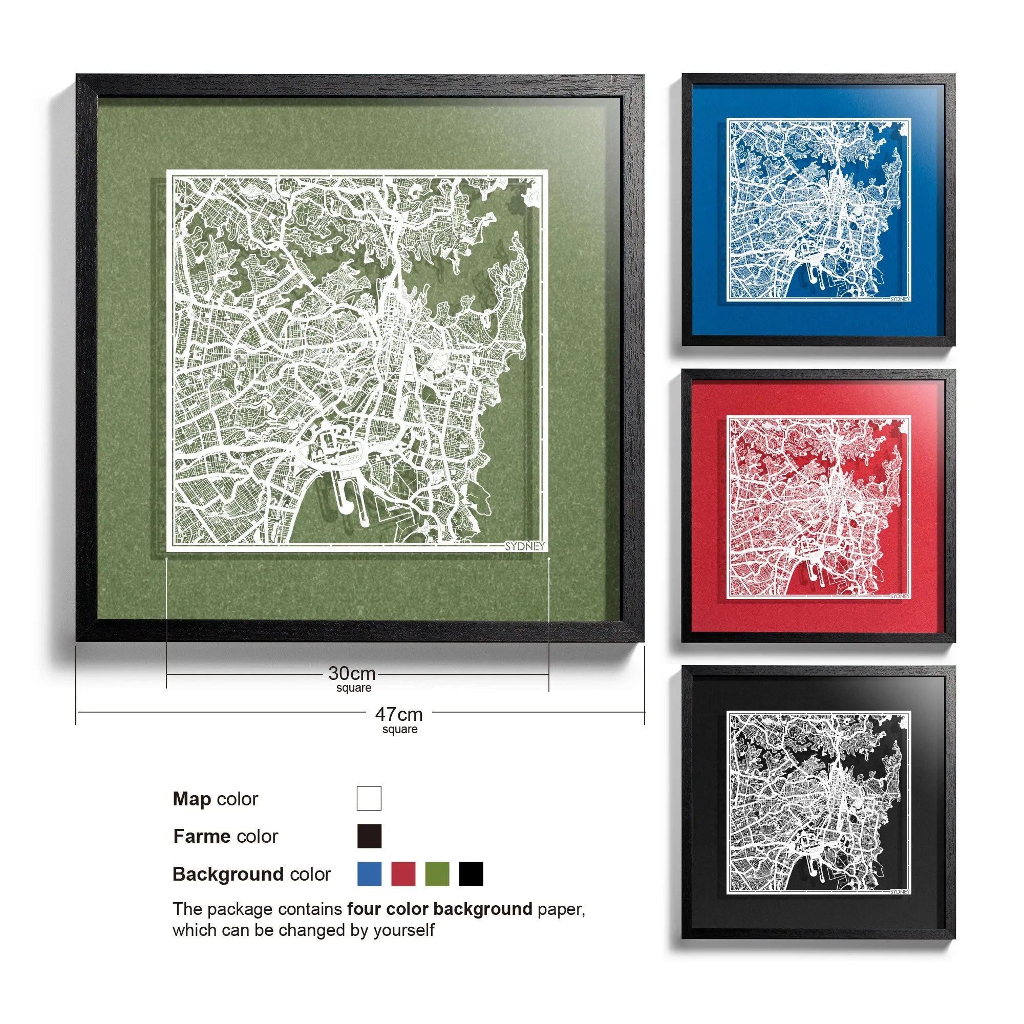 o3designstudio-Sydney-Paper-cut-map-framed-18-inch-White map / Black frame-45MF1004BW