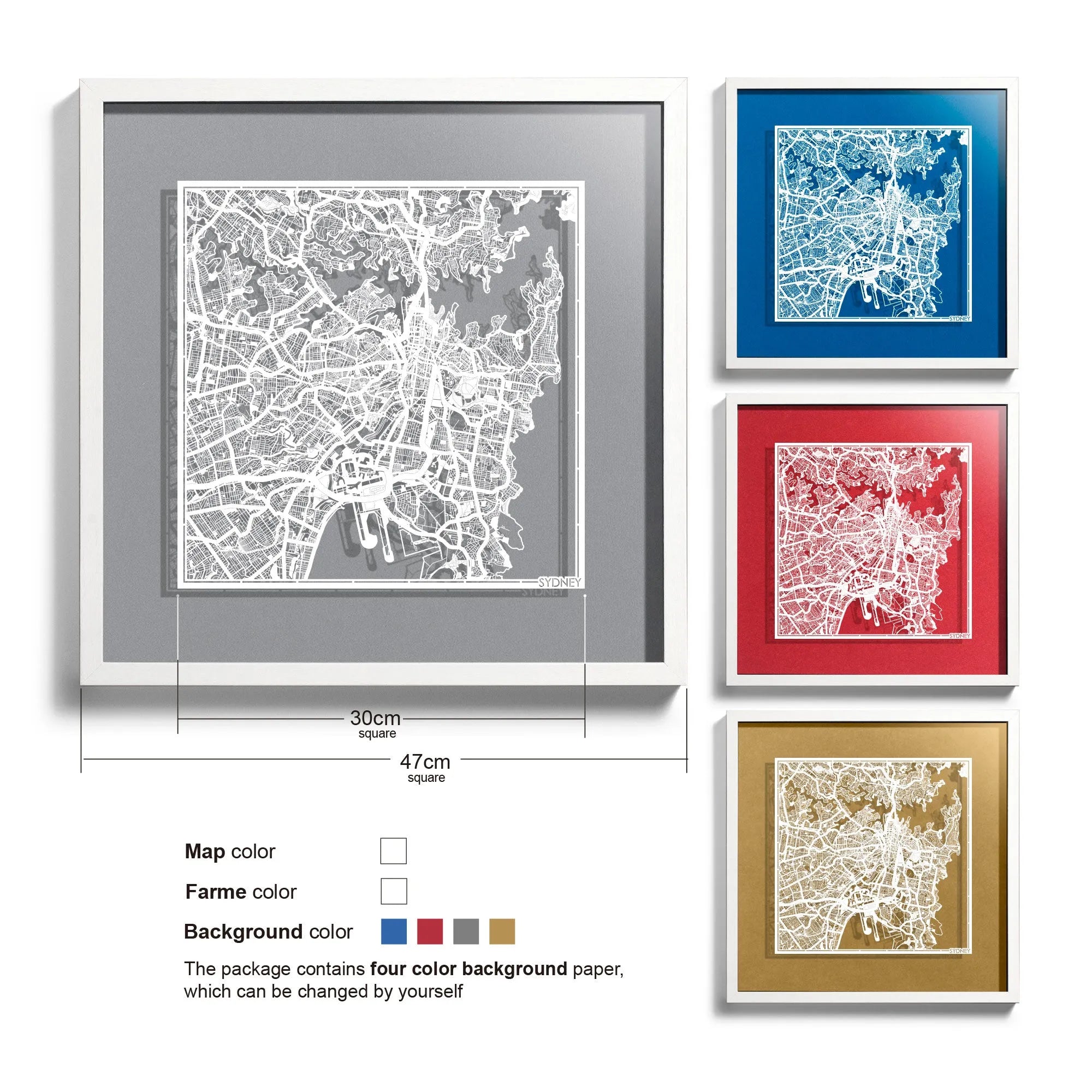 o3designstudio-Sydney-Paper-cut-map-framed-18-inch-White map / White frame-45MF1004WW