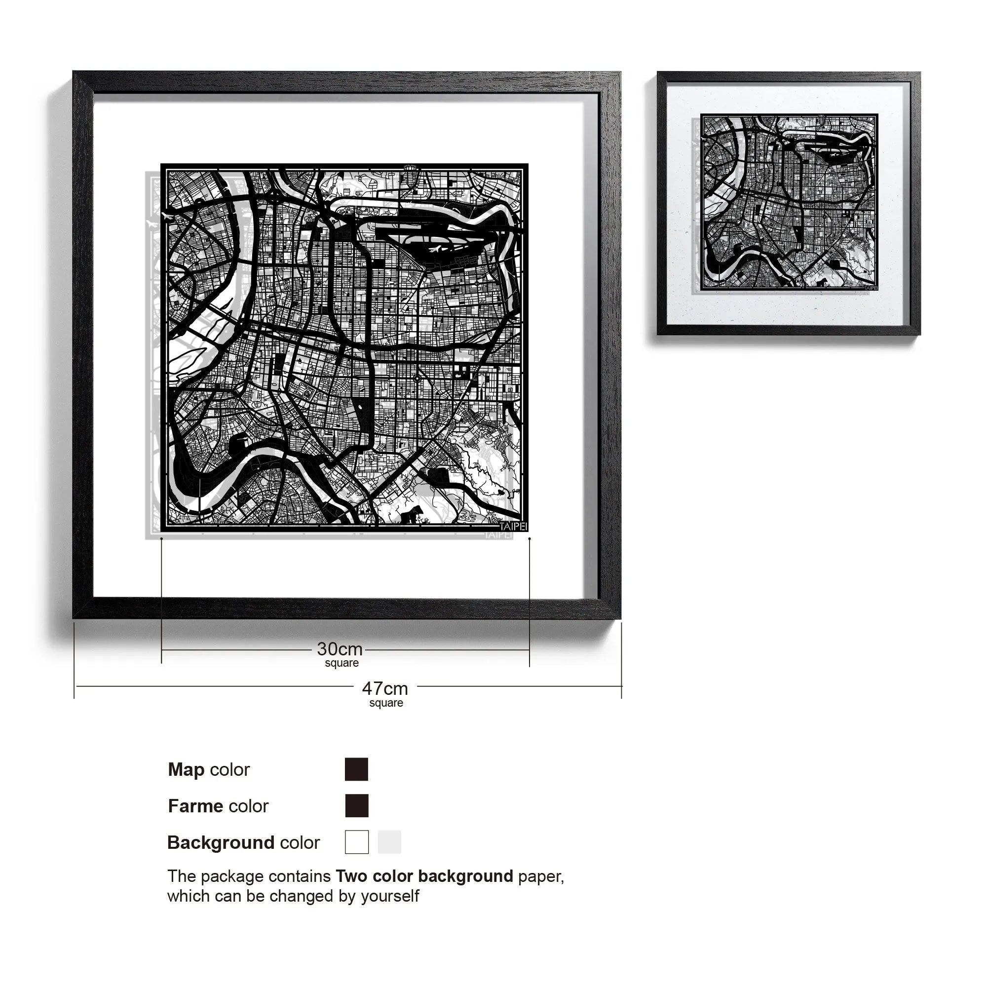 o3designstudio-Taipei-Paper-cut-map-framed-18-inch-Black map Black frame- 45MF1024BB