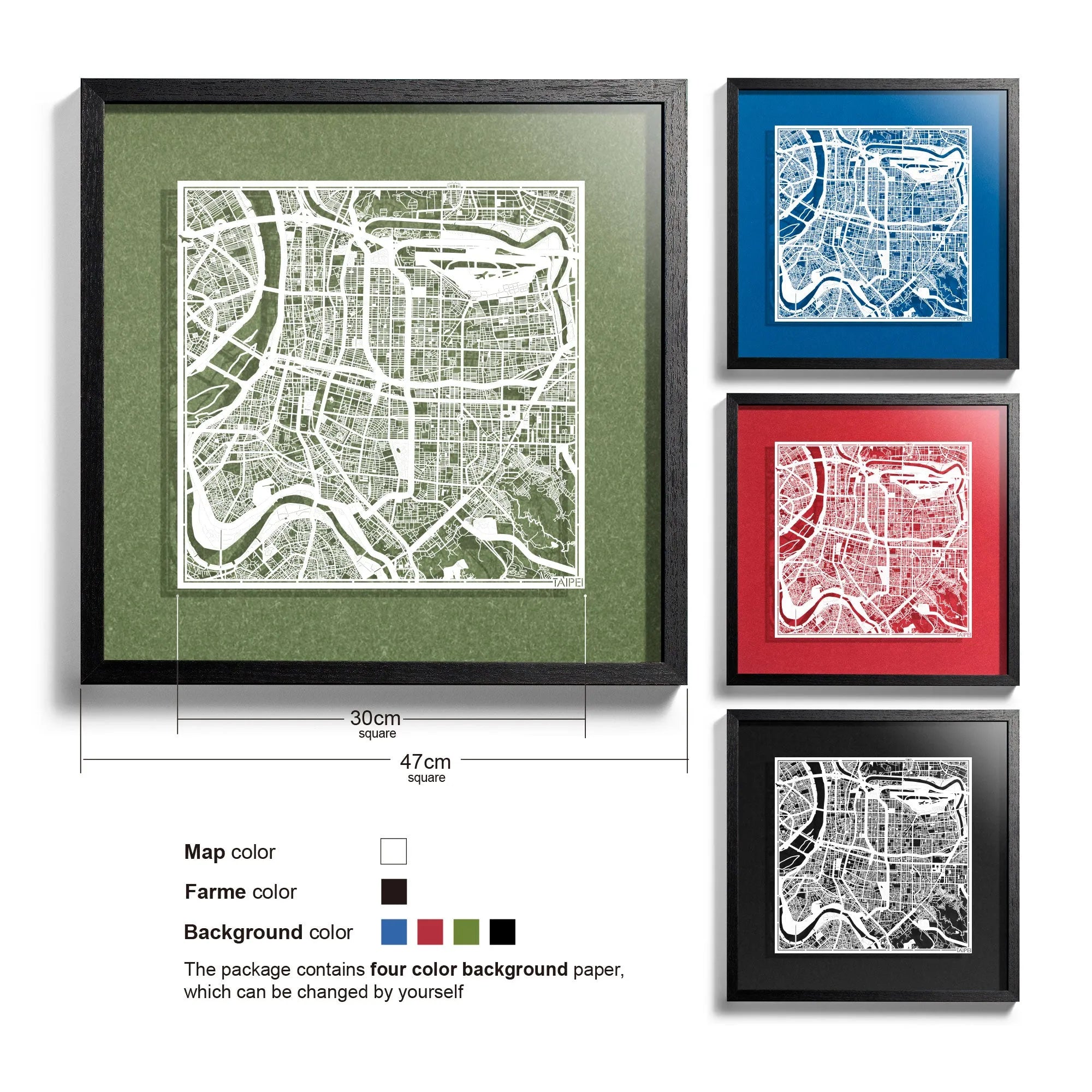 o3designstudio-Taipei-Paper-cut-map-framed-18-inch-White map Black frame- 45MF1024BW