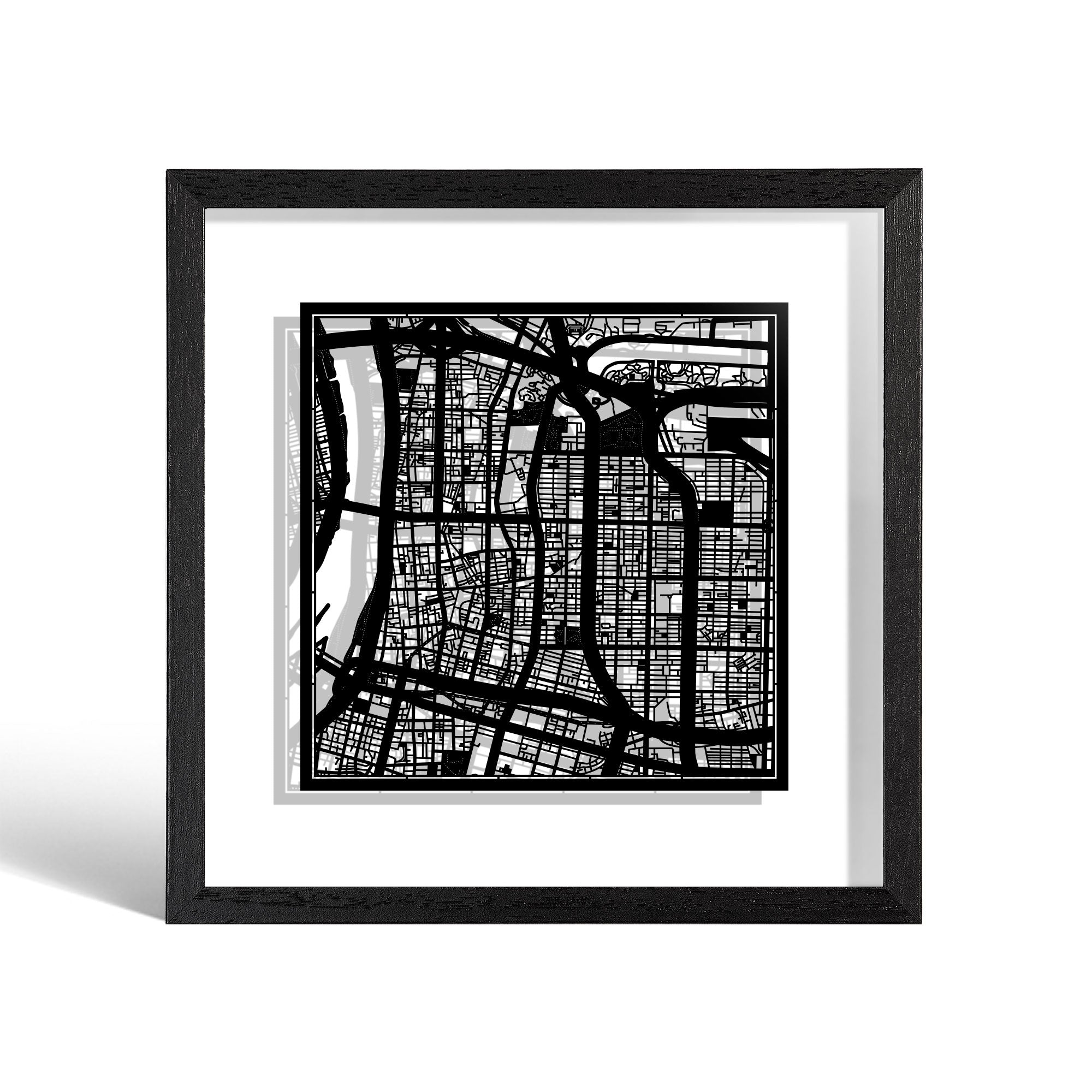 o3designstudio Taipei Paper cut map framed 9 inch Black map Black frame map art 22MF1024BB