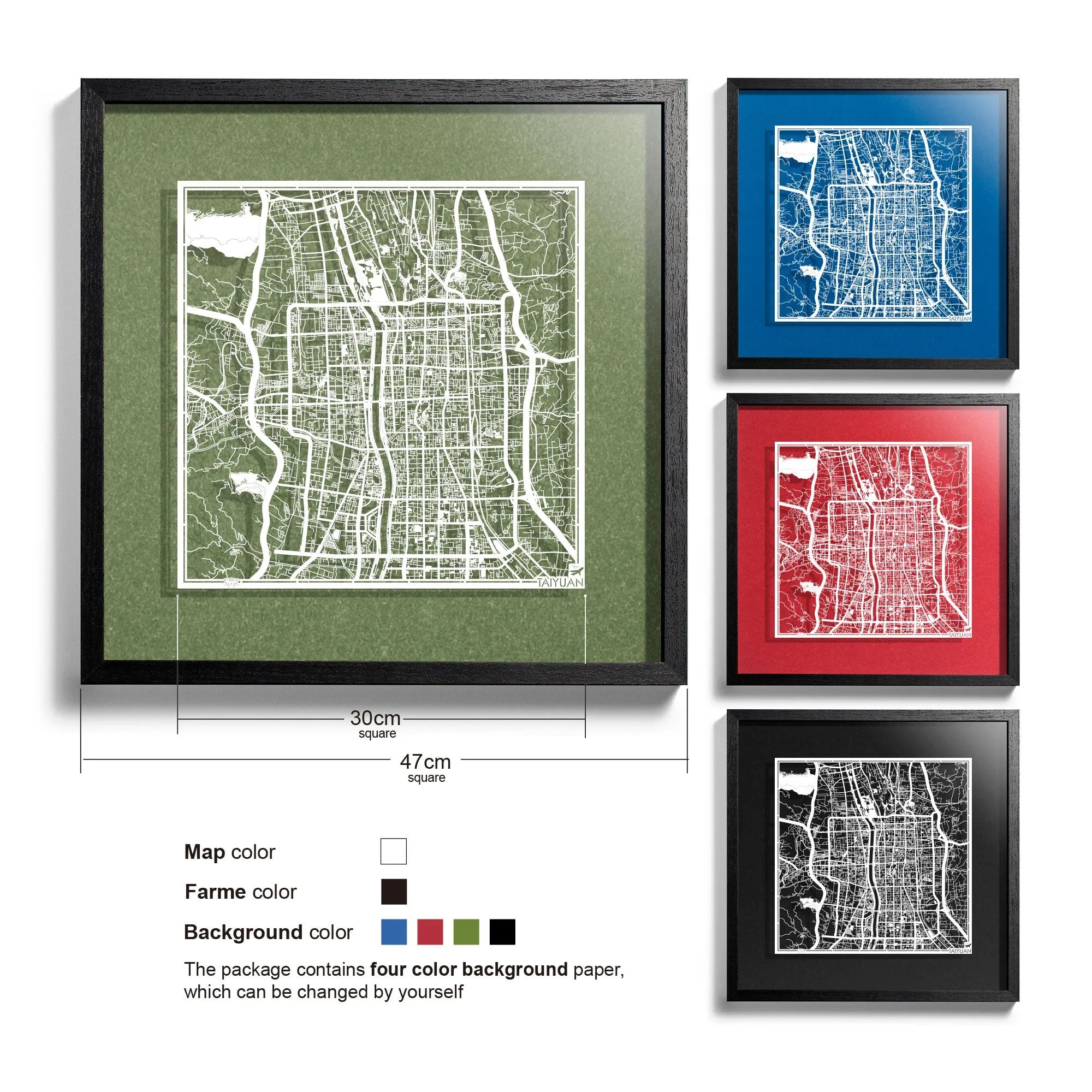 o3designstudio-Taiyuan-Paper-cut-map-framed-18-inch-White map Black frame- 45MF1048BW