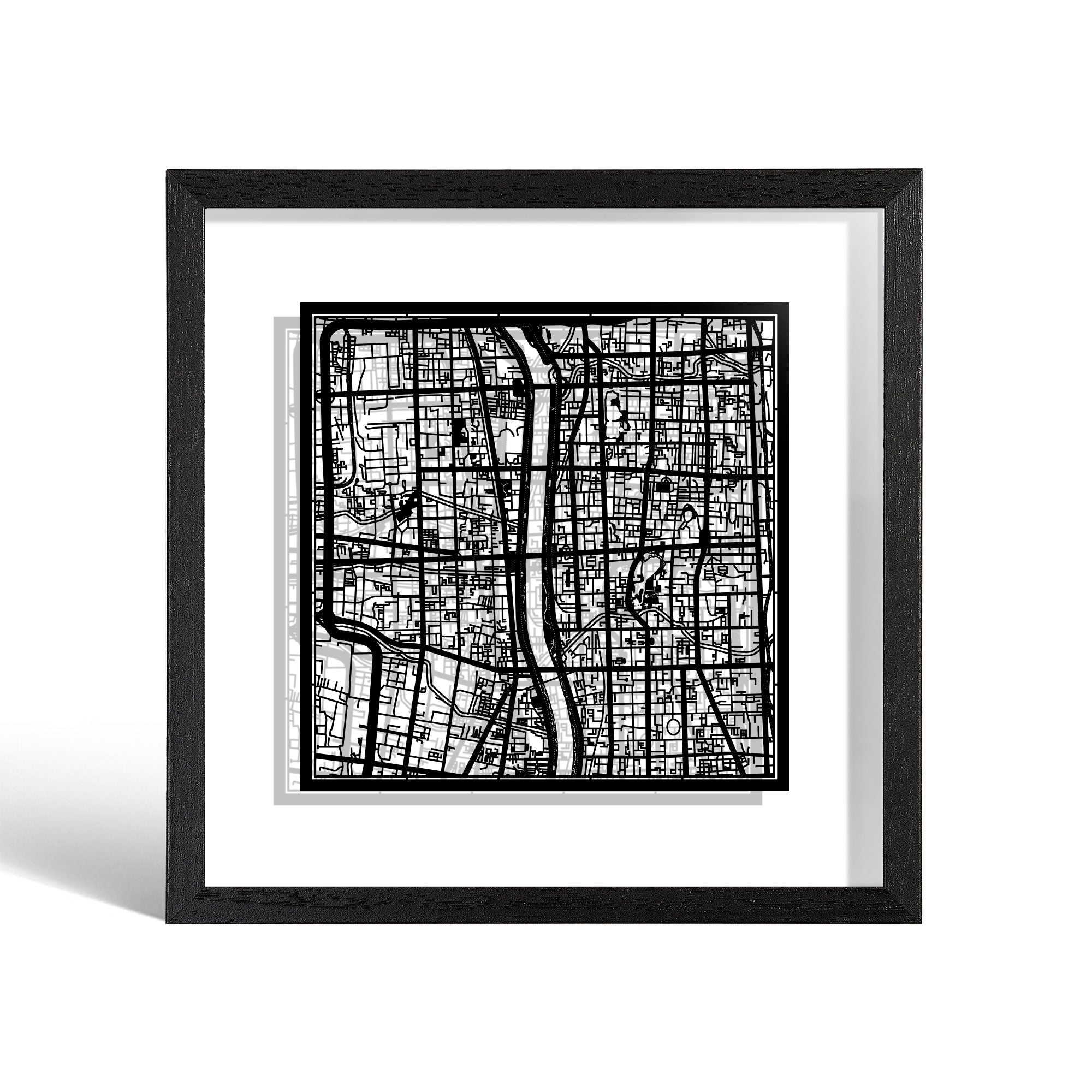 o3designstudio Taiyuan Paper cut map framed 9 inch Black map Black frame map art 22MF1048BB