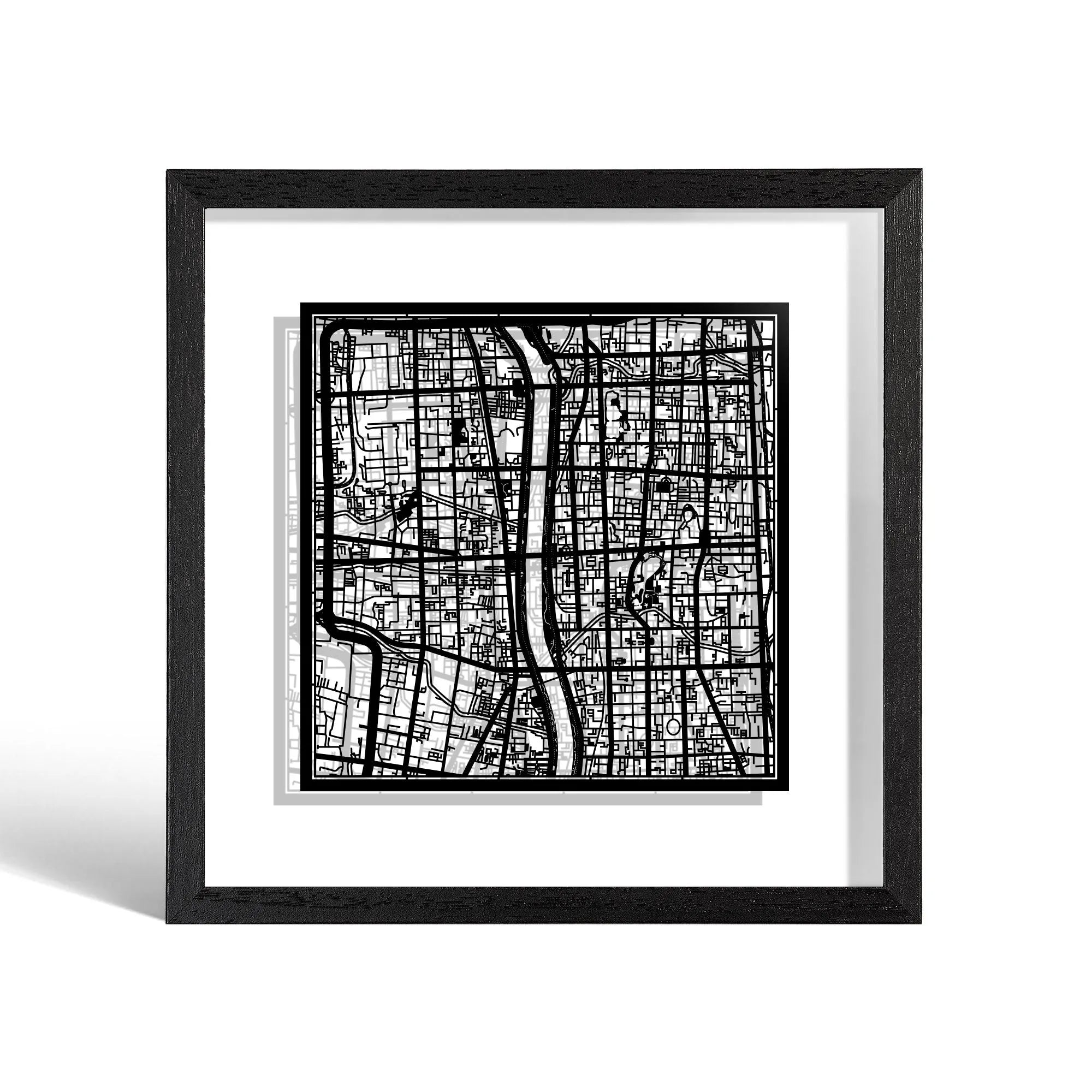 o3designstudio Taiyuan Paper cut map framed 9 inch Black map Black frame map art 22MF1048BB