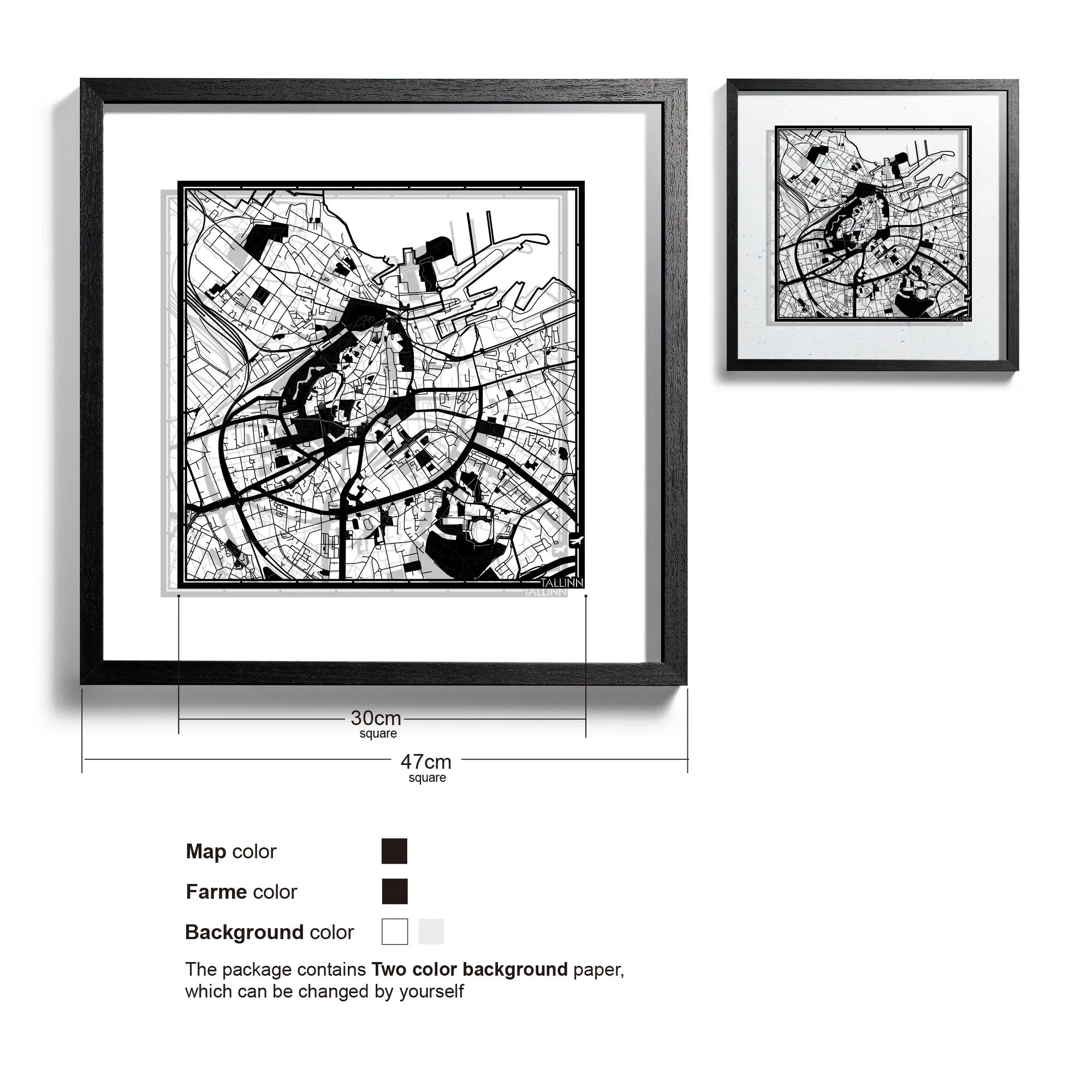 o3designstudio-Tallinn-Paper-cut-map-framed-18-inch-Black map / Black frame-45MF3058BB