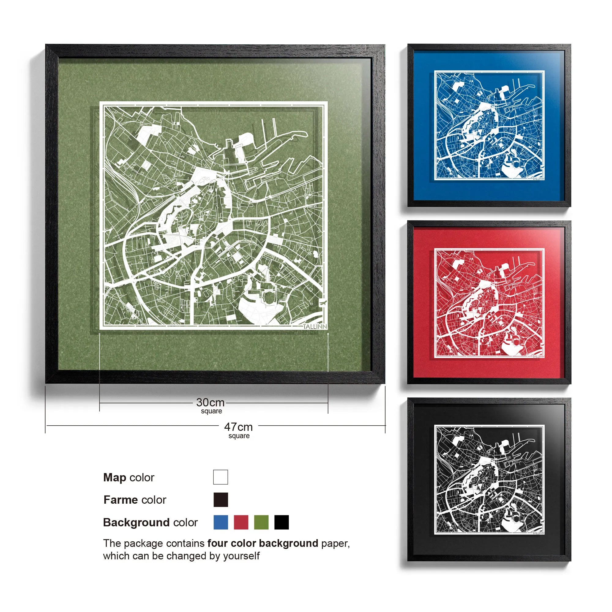 o3designstudio-Tallinn-Paper-cut-map-framed-18-inch-White map / Black frame-45MF3058BW