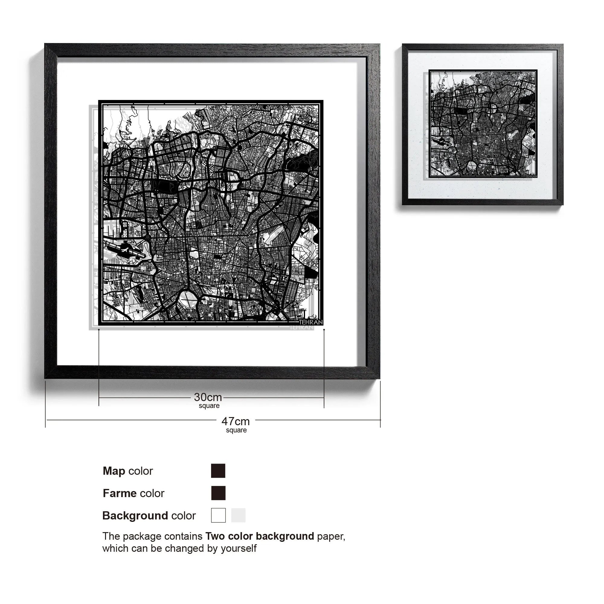 o3designstudio-Tehran-Paper-cut-map-framed-18-inch-Black map / Black frame-45MF1023BB