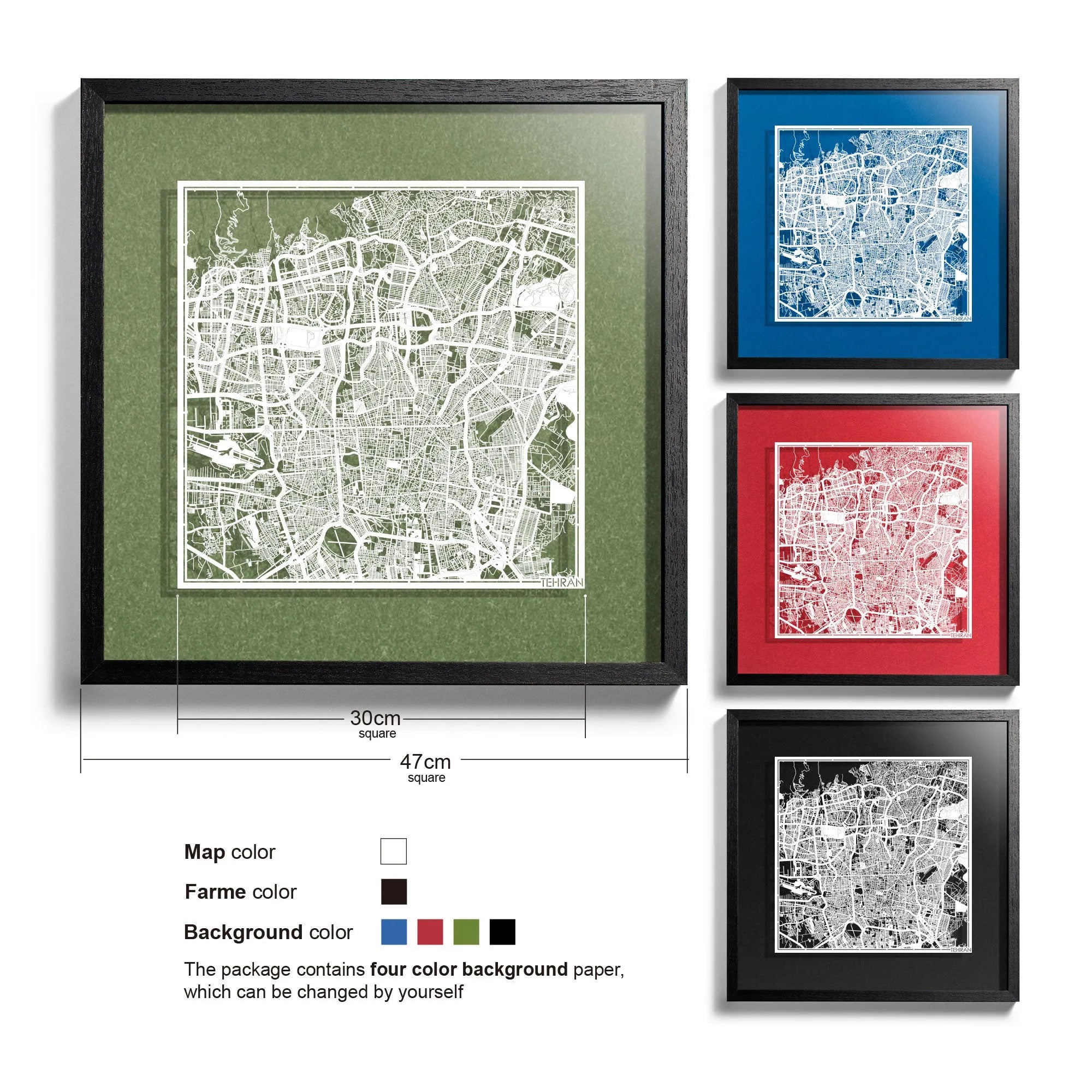 o3designstudio-Tehran-Paper-cut-map-framed-18-inch-White map / Black frame-45MF1023BW