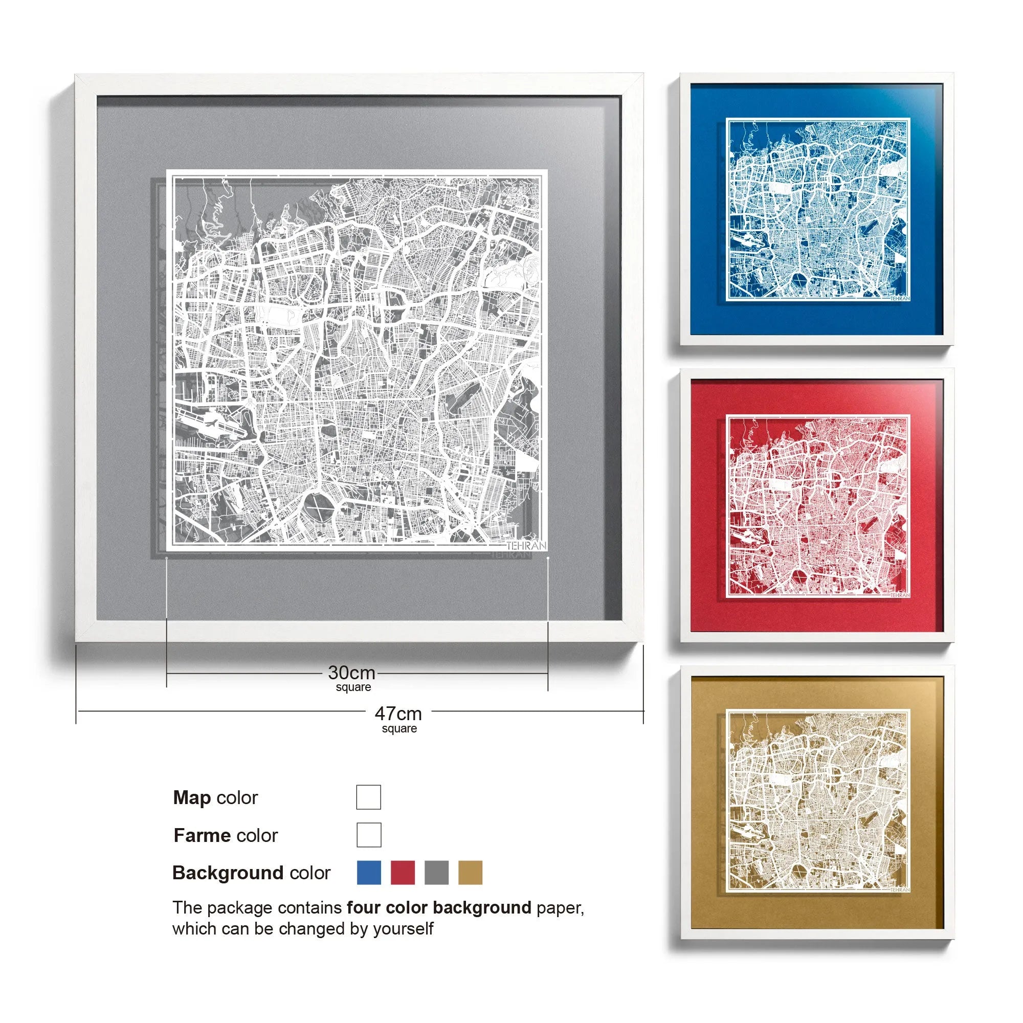 o3designstudio-Tehran-Paper-cut-map-framed-18-inch-White map / White frame-45MF1023WW