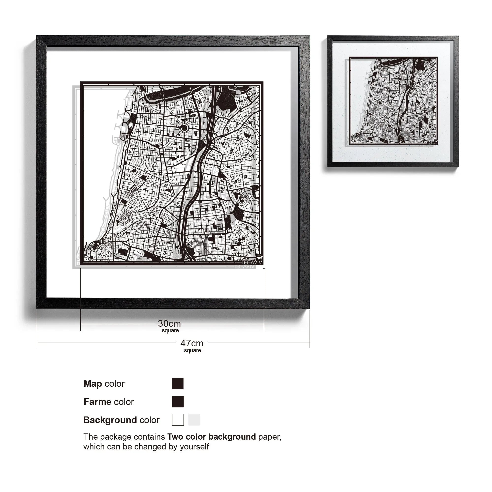 o3designstudio-Tel Aviv-Paper-cut-map-framed-18-inch-Black map / Black frame-45MF1040BB