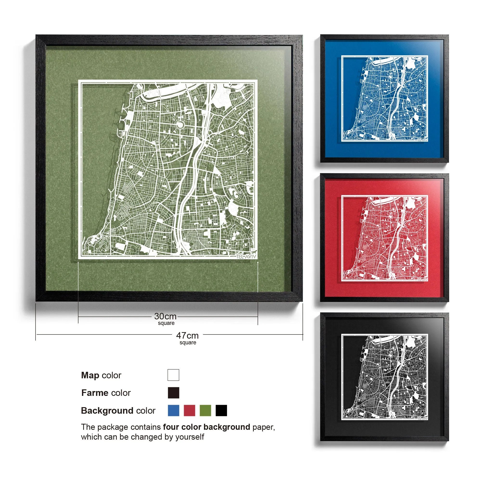 o3designstudio-Tel Aviv-Paper-cut-map-framed-18-inch-White map / Black frame-45MF1040BW