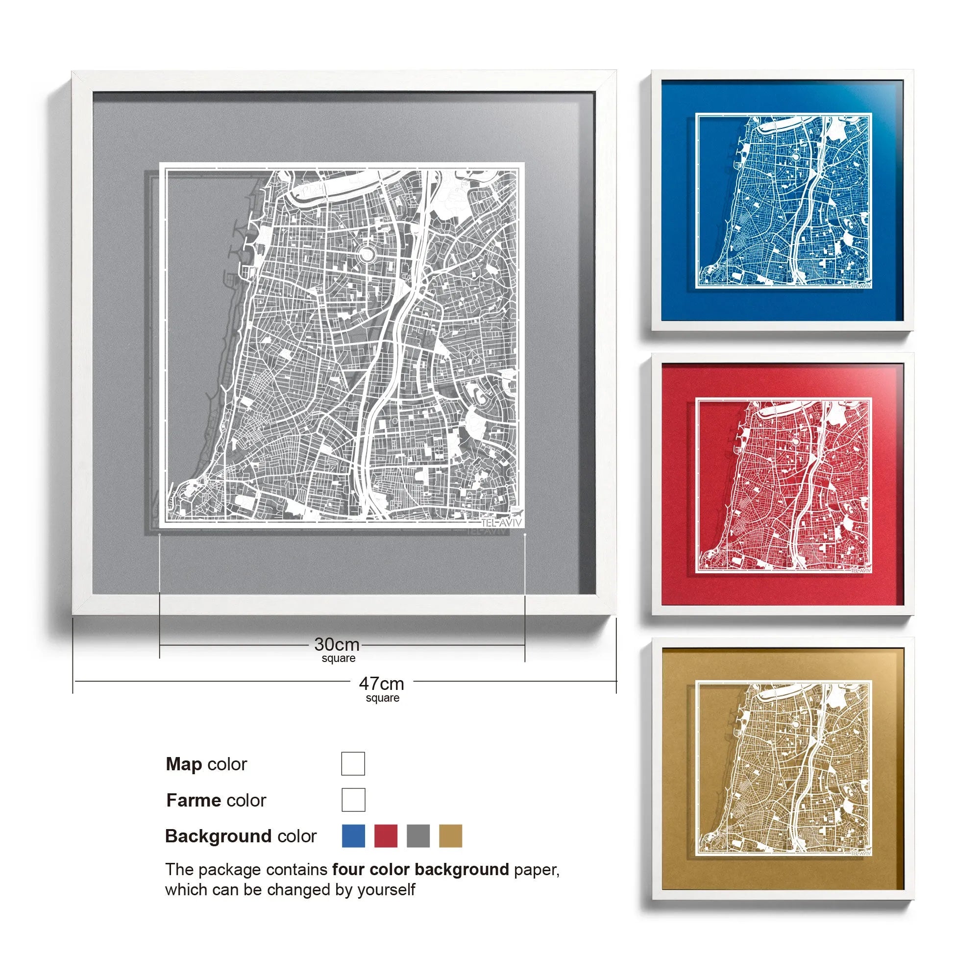 o3designstudio-Tel Aviv-Paper-cut-map-framed-18-inch-White map / White frame-45MF1040WW
