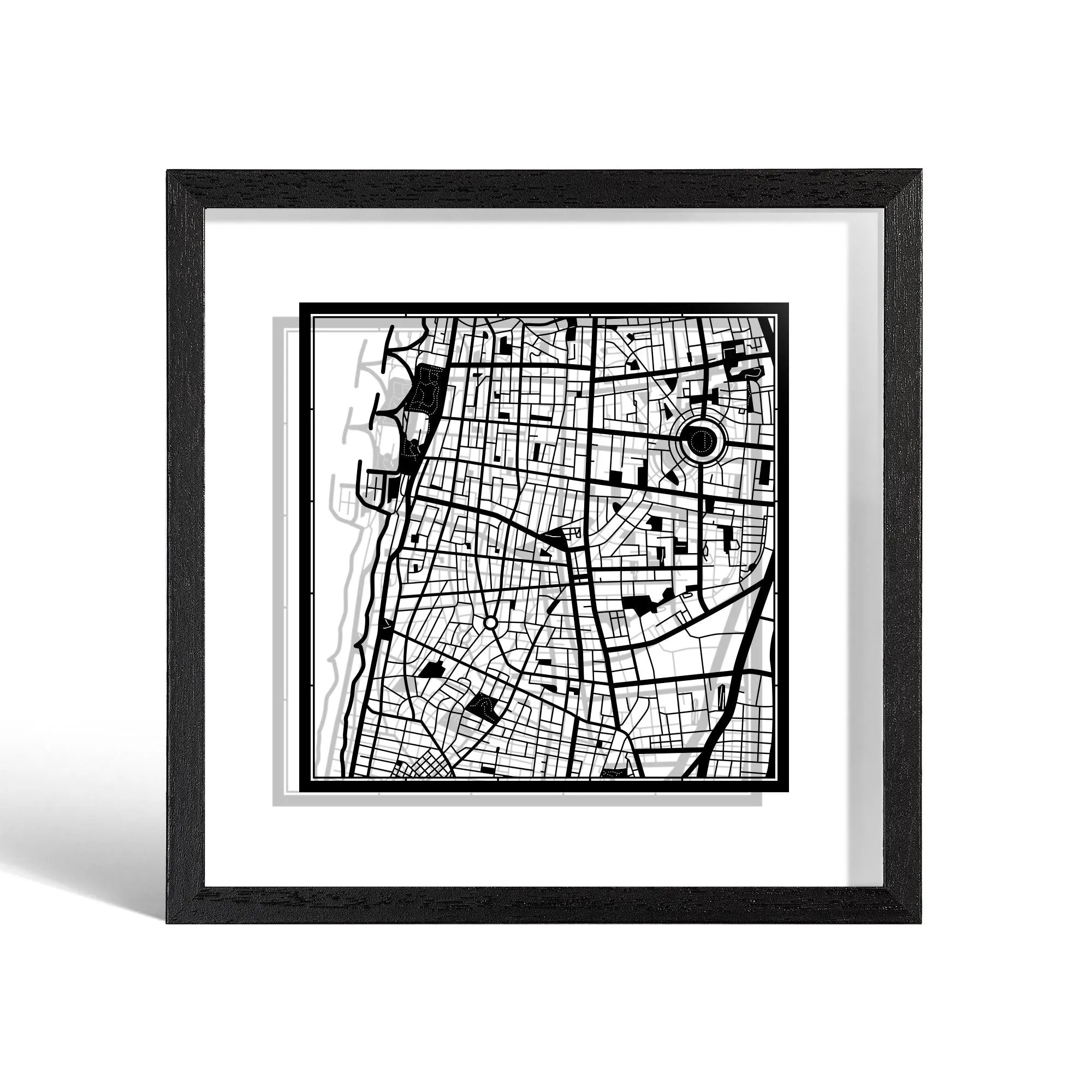 o3designstudio Tel Aviv Paper cut map framed 9 inch White map Black frame map art 22MF1040BW
