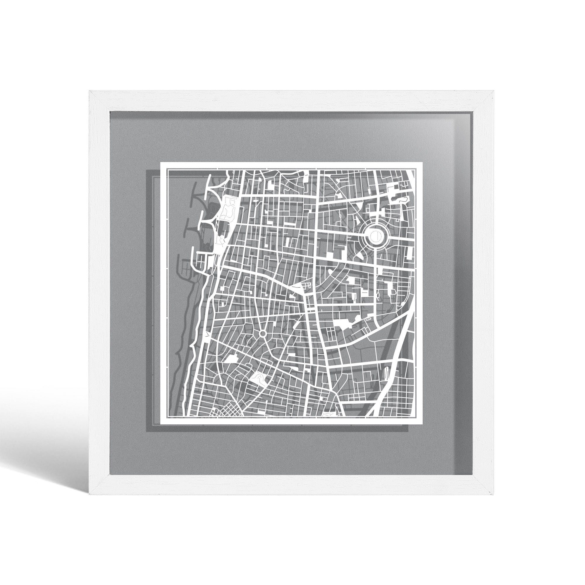 o3designstudio Tel Aviv Paper cut map framed 9 inch White map White frame map art 22MF1040WW