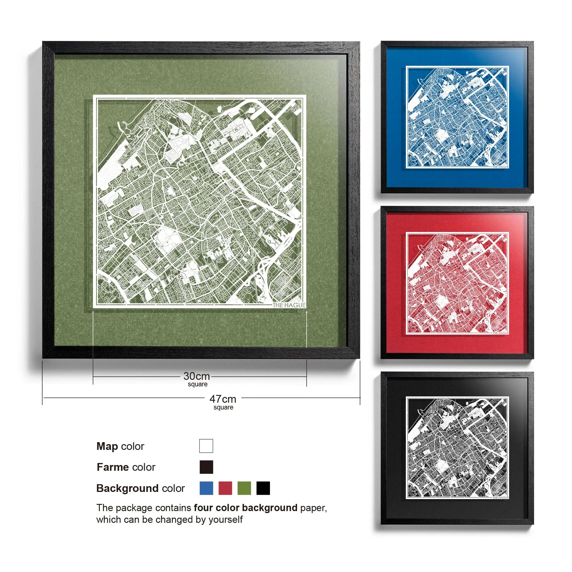 o3designstudio The Hague-Paper-cut-map-framed-18-inch-45MF3039BW